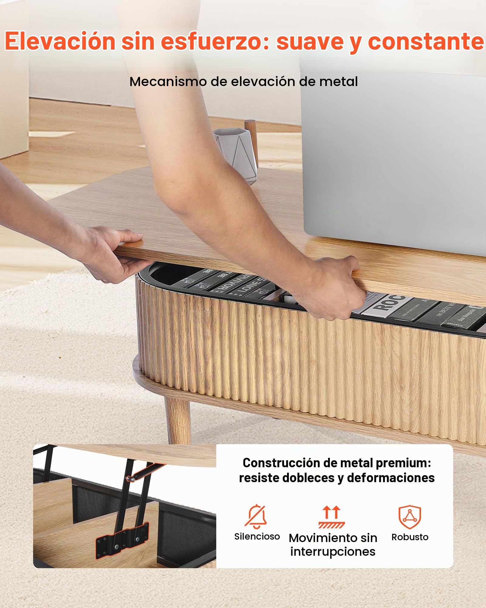 VEVOR Mesa de Centro Elevable, 1000 x 480 x 405 mm, Mesa de Salón o Comedor con 3 Compartimientos Ocultos, Acabado Acanalado de Madera Natural, Mesita Multifuncional, para Hogar Oficina Sala de Estar