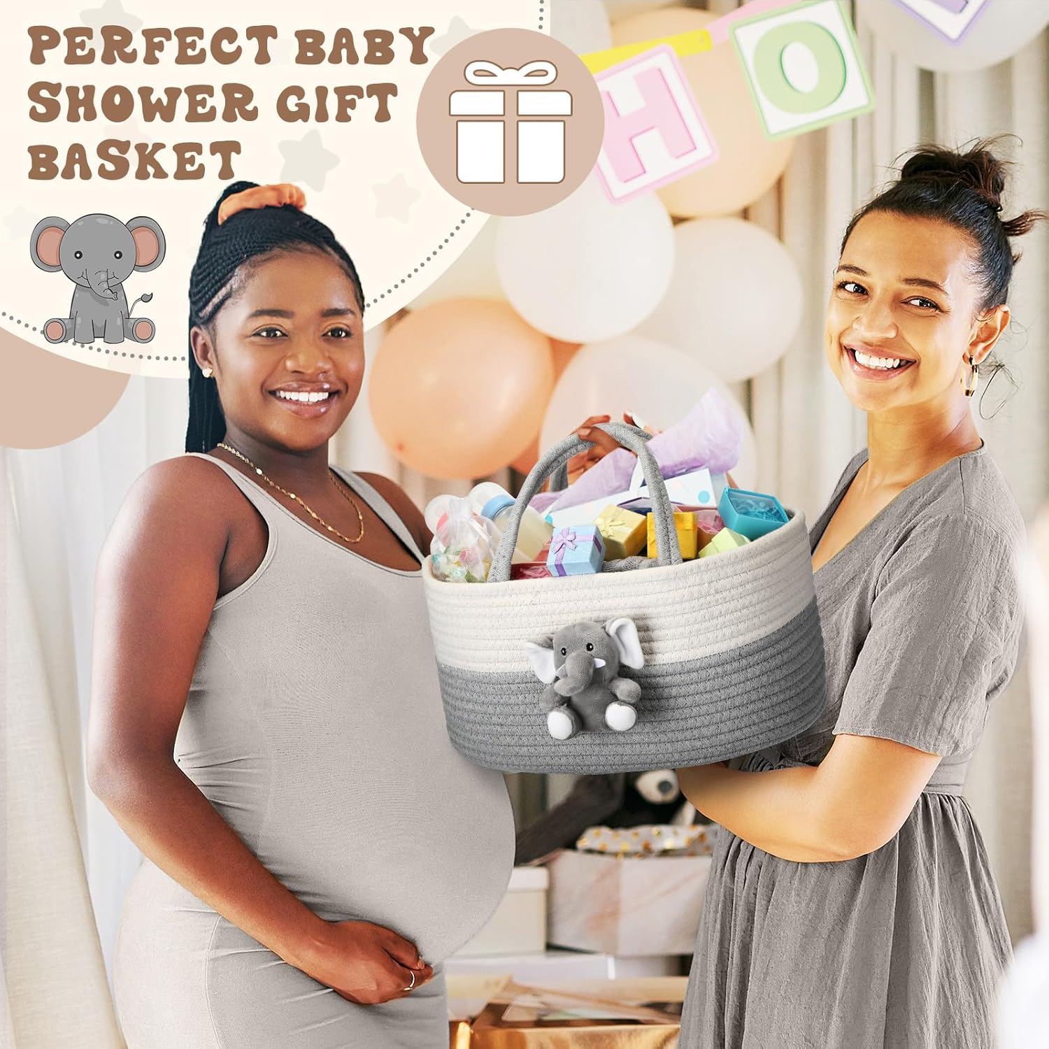 FoldTier Elephant Diaper Caddy Organizer Elephant Cart Storage for Nursery with Handle Baby Shower Basket Gift Baby Bath Caddy for Diapers Wipes Basket for Nursery(Large)