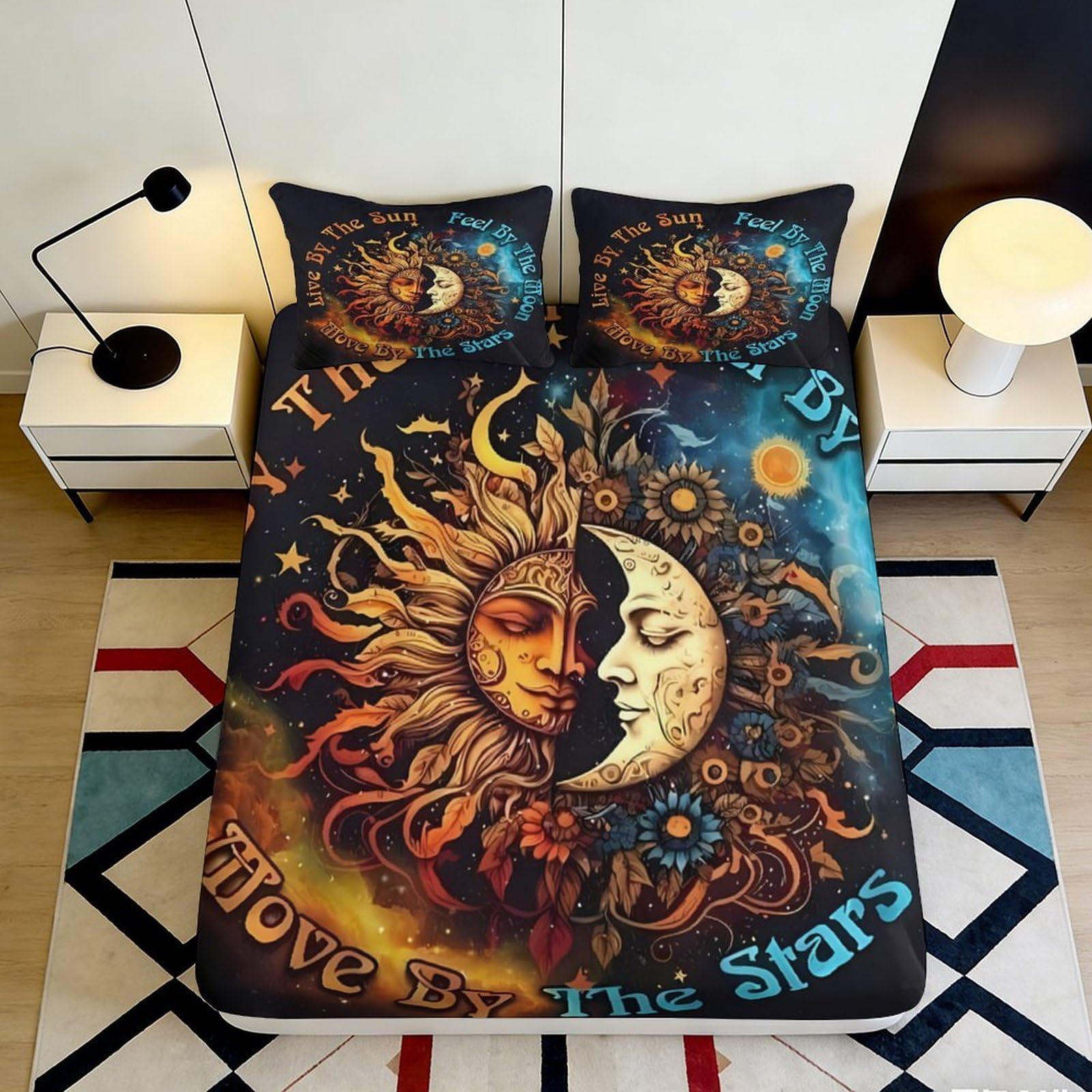 3D Printed Sun Moon Mandala Fitted Sheet Microfiber Soft Breathable Celestial Flowers Mattress Cover for Bedroom Dorm Decor 90x200x25cm