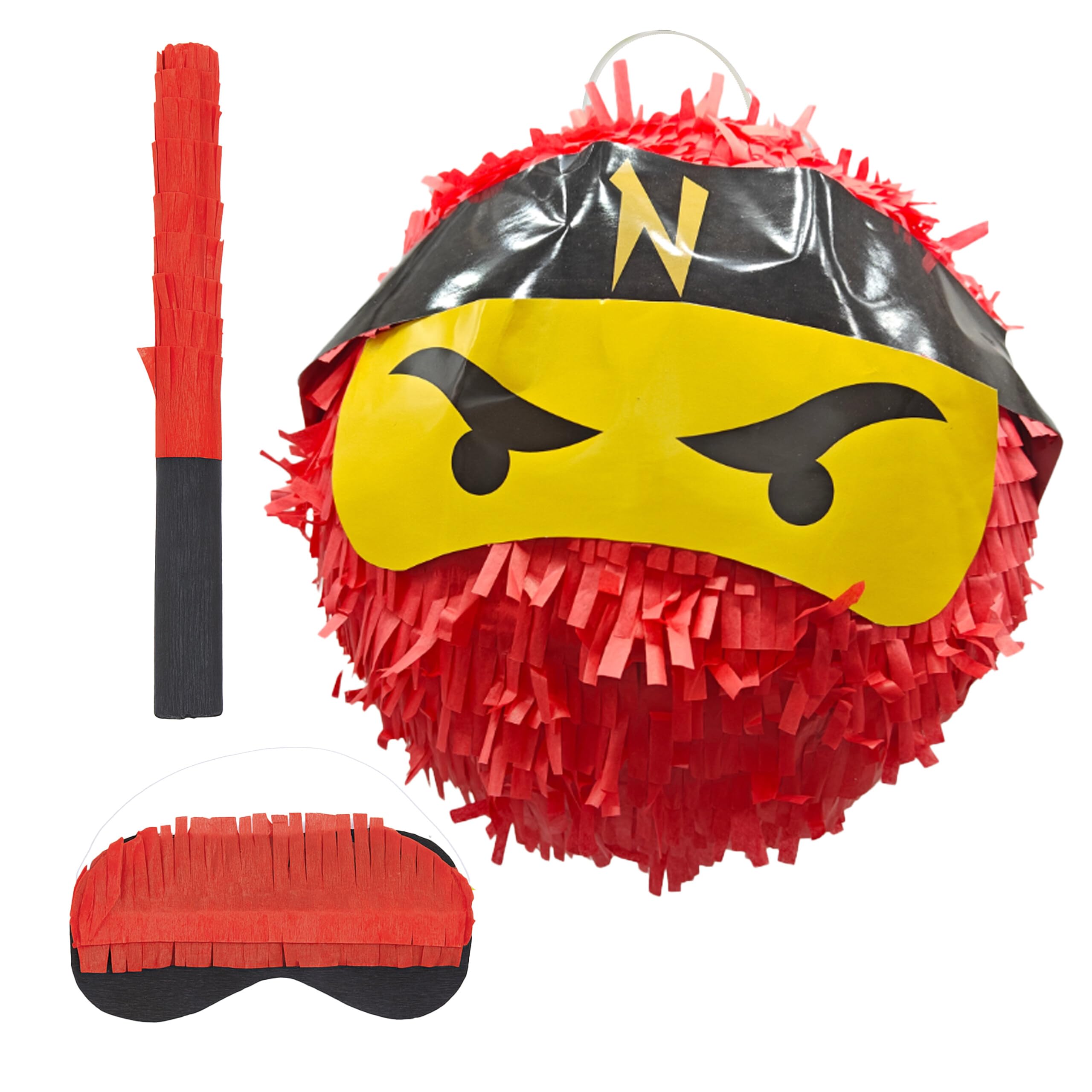 Relaxdays Ninja Piñata with Stick & Mask, Fillable Party Toy for Kids, 25 cm Red