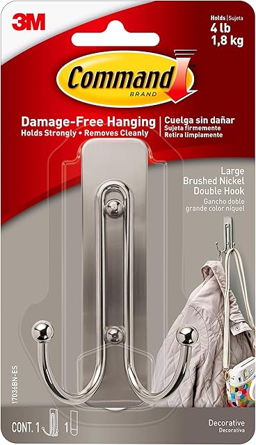Command Large Brushed Nickel Double Hook, Decorative Hook for Indoor Use - 1 Metal Large Hook and 1 Adhesive Strip - Hang Jackets, Purses, Handbags, Hats, Scarves, Dog leads - Organise Damage Free