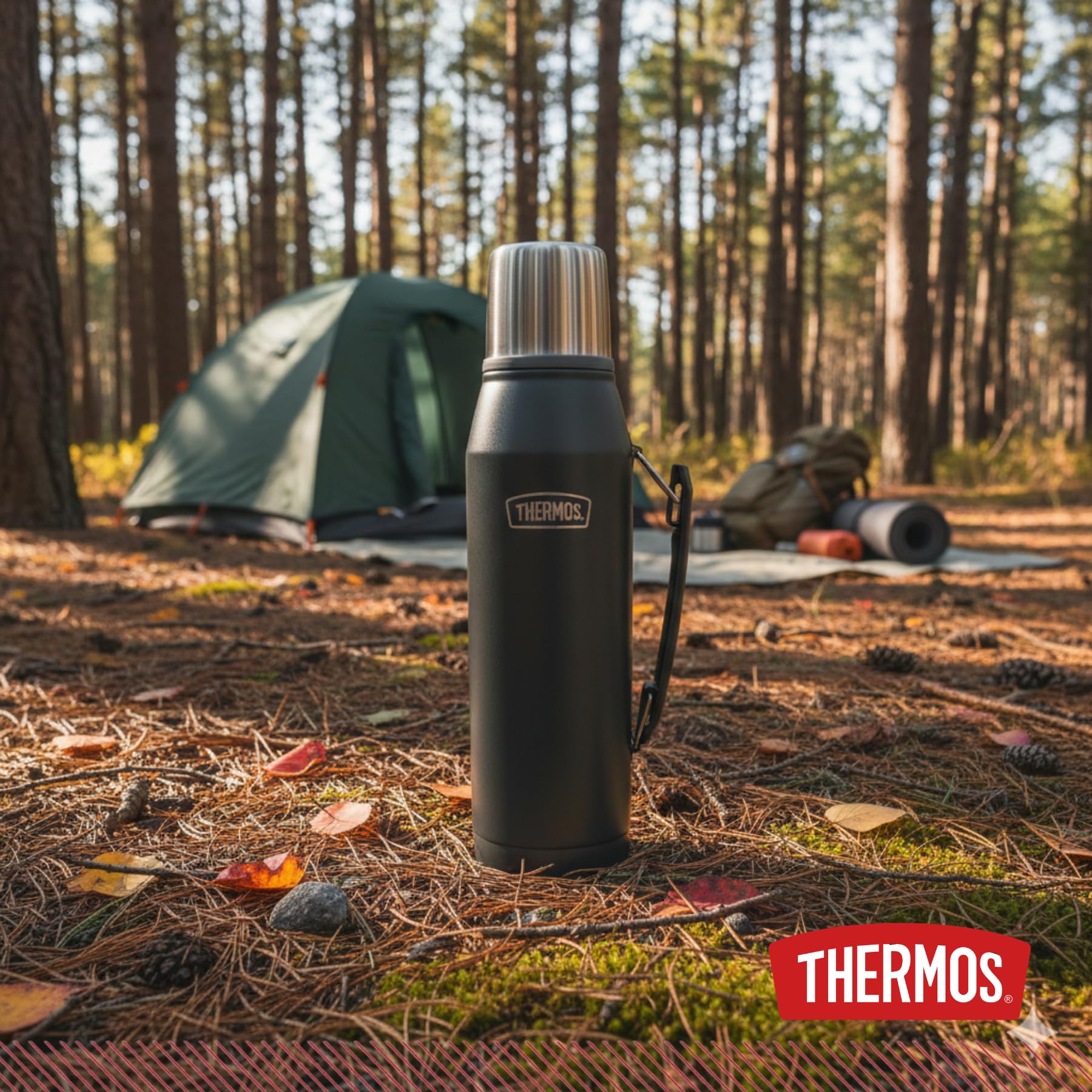 THERMOS - CORTINA - Botella isotérmica de acero inoxidable con mango y base antideslizante, tratamiento True-Coat, 1,3 l (Matte Gray)