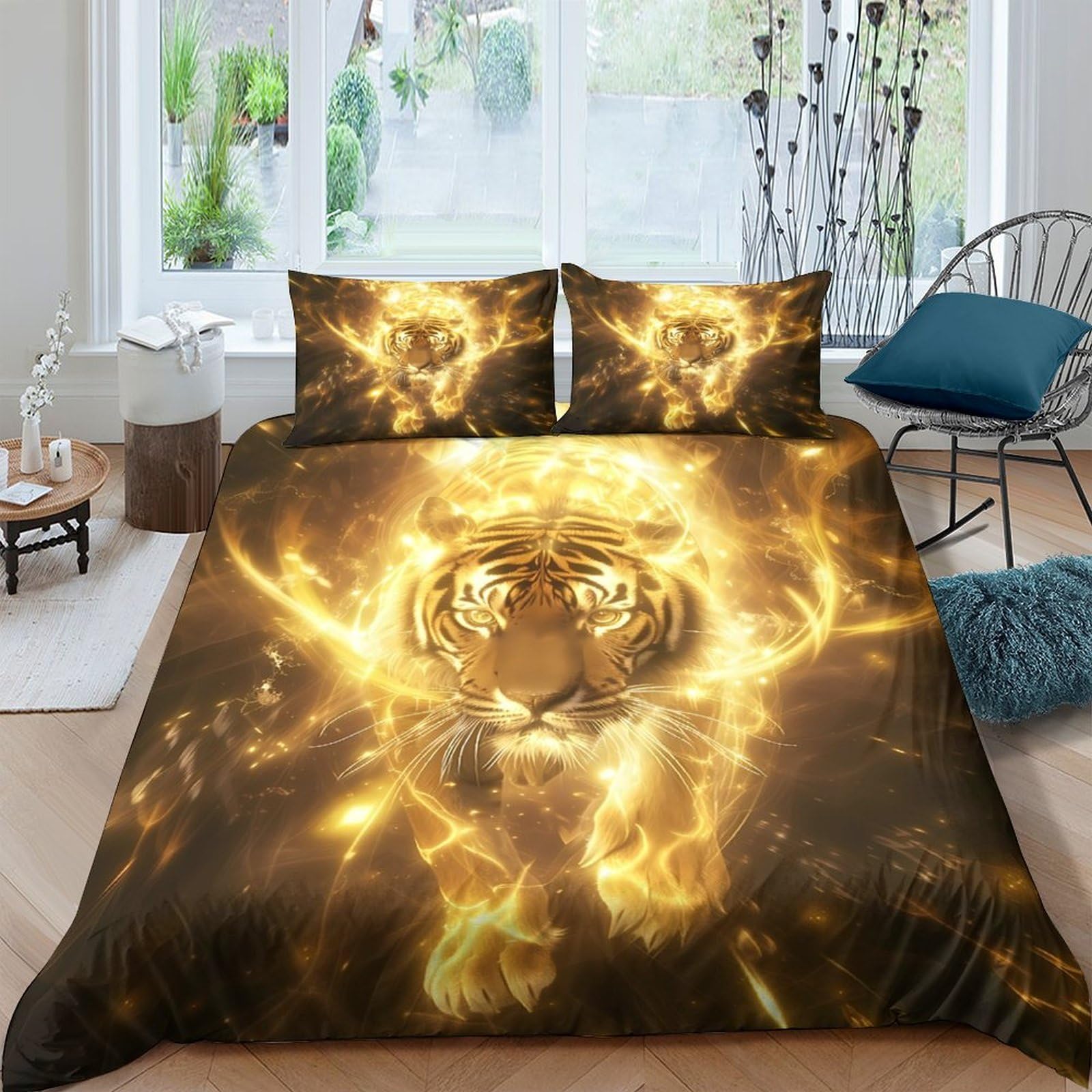 Ctjqhvkz Style-7 3D Printed Fiery Tiger Fitted Sheet Microfiber Soft Gold Flame Bed Sheet Non-Slip Easy Care For Bedroom Dorm Decor Single（135X200cm）