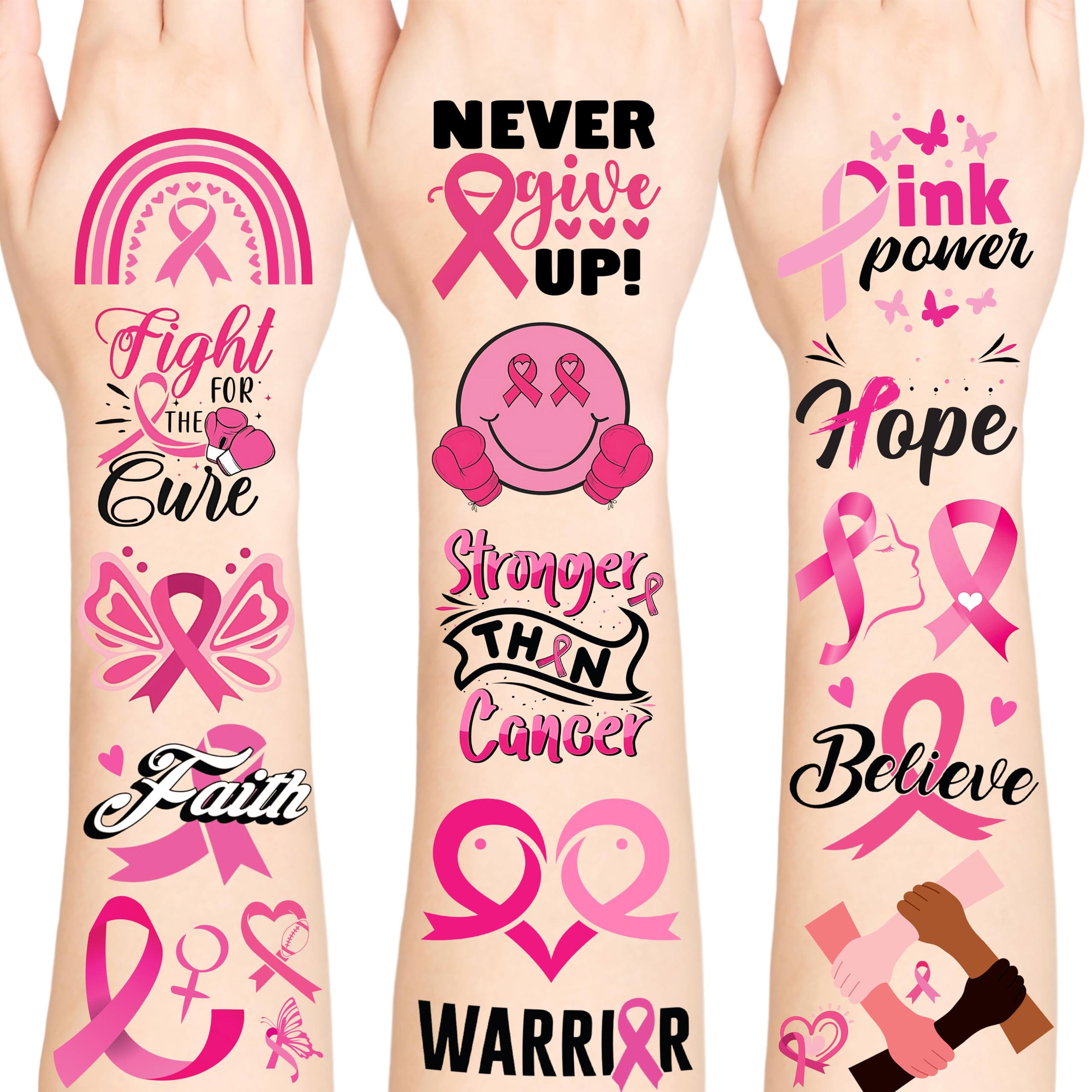 Breast Cancer Temporary Tattoos, Pink Tattoos Stickers, Breast Cancer Awareness Decorations, Pink Stickers for Party Decoration Supplies Favors for Kids Adults