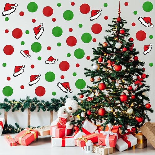 Miniatura 3 de Calcomanías de pared de vinilo verde lima y rojo con sombrero de Papá Noel, adhesivos removibles, círculos redondos, lunares, calcomanías de vinilo