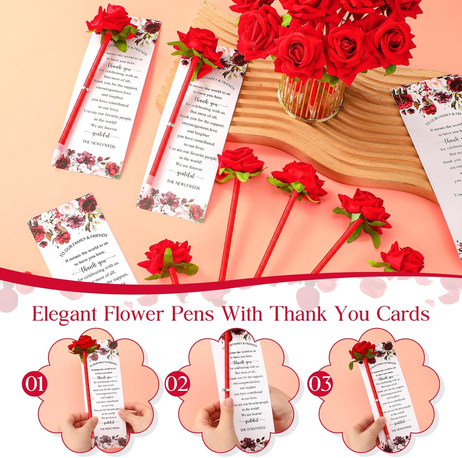 Spakon 36 Set Wedding Favors Pens for Guests Bulk - Artificial Rose Flower Pen Thank You Cards with Twine Ballpoint Pen Black Ink for Wedding Bridal Shower Games Proposal Gift(Hot Style)