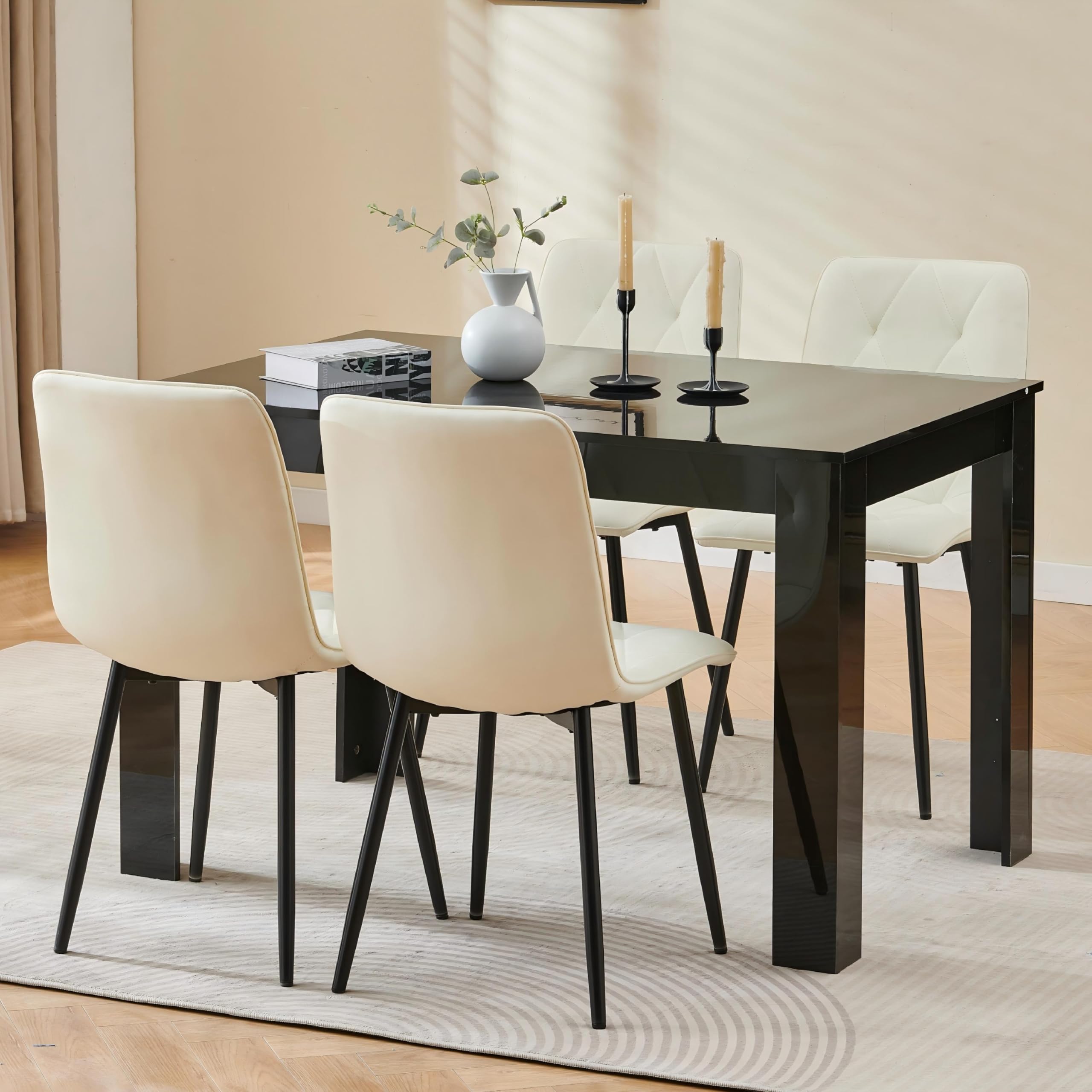 120cm Glossing Dining Table and 4 Chairs, 4 Seater Kitchen Table and Chairs Set for Space Saving, Compact Dining Room Set for 4, 120x80 cm, Wooden, Walnut Black (4 Seaters,PU Diamond Lvory#5) — image 1