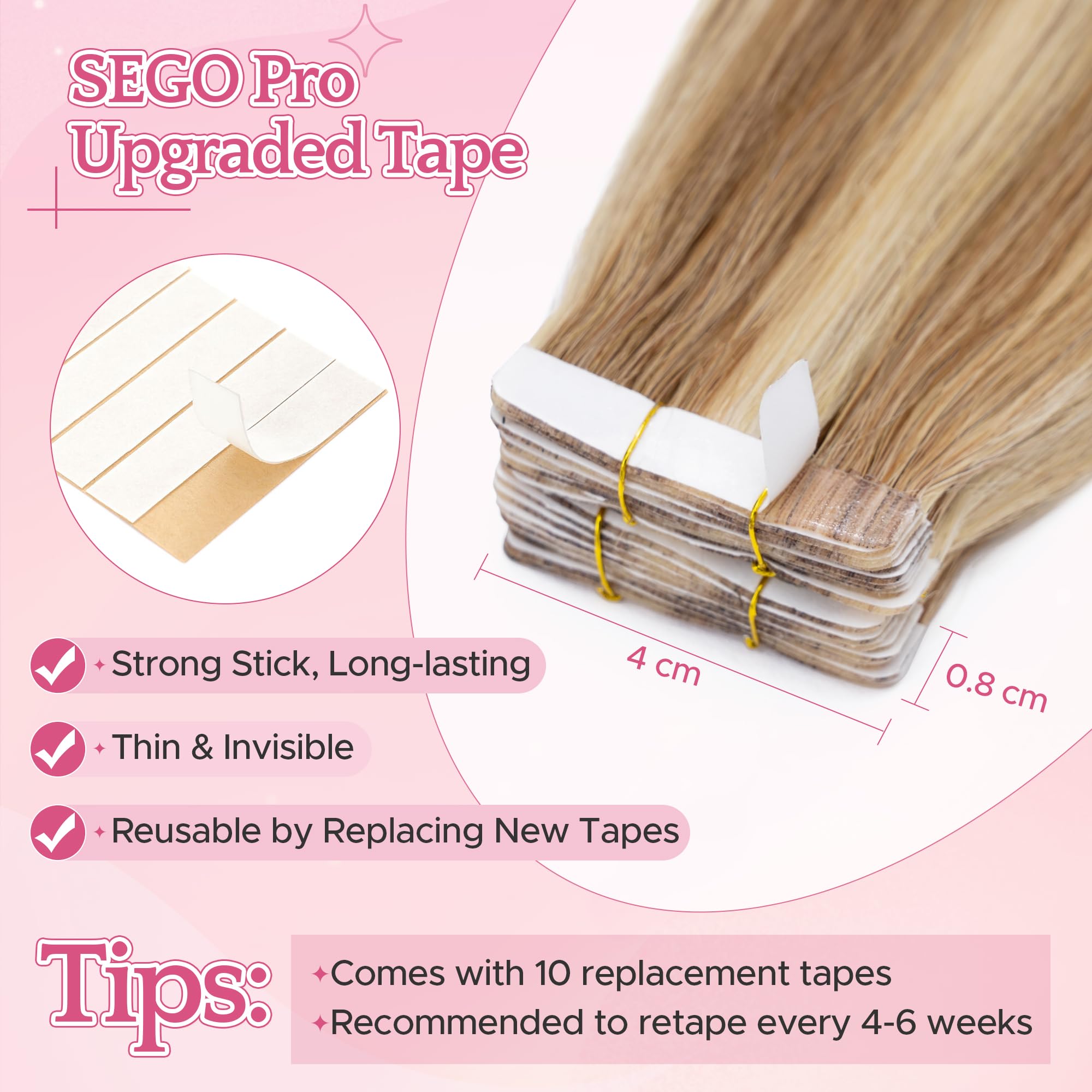 SEGO Pro Tape in Hair Extensions Real Human Hair 14 Inch 20 Pcs 30g Invisible Seamless Straight Tape Extensions for Women #12P613 Golden Brown with Bleach Blonde Highlights - Image 4