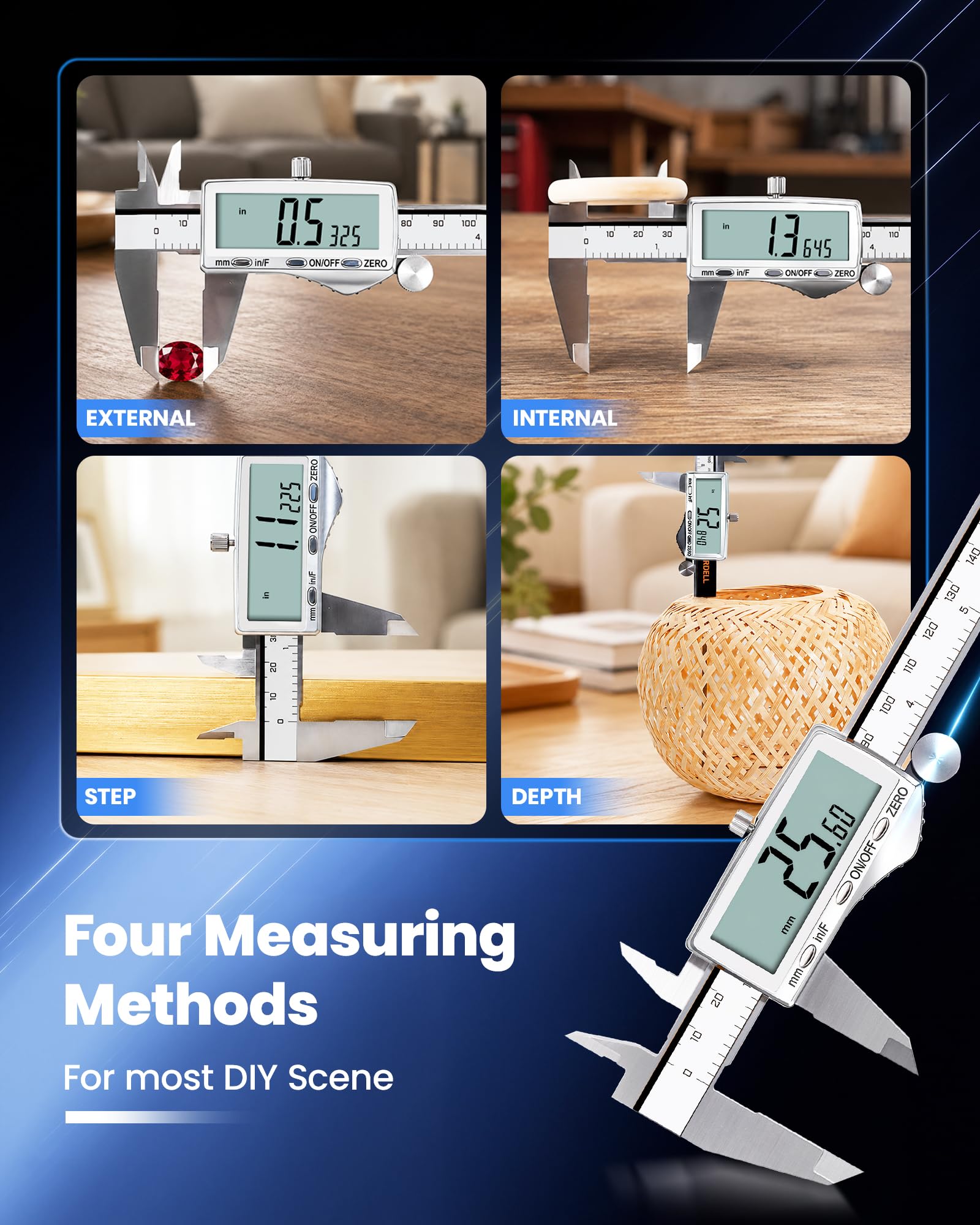 Calibrador digital de 150 mm (6"), micrómetro recargable de acero inoxidable, pantalla LCD grande. Unidades: pulgadas/mm/fracción, apagado automático. Herramienta de medición electrónica para traba