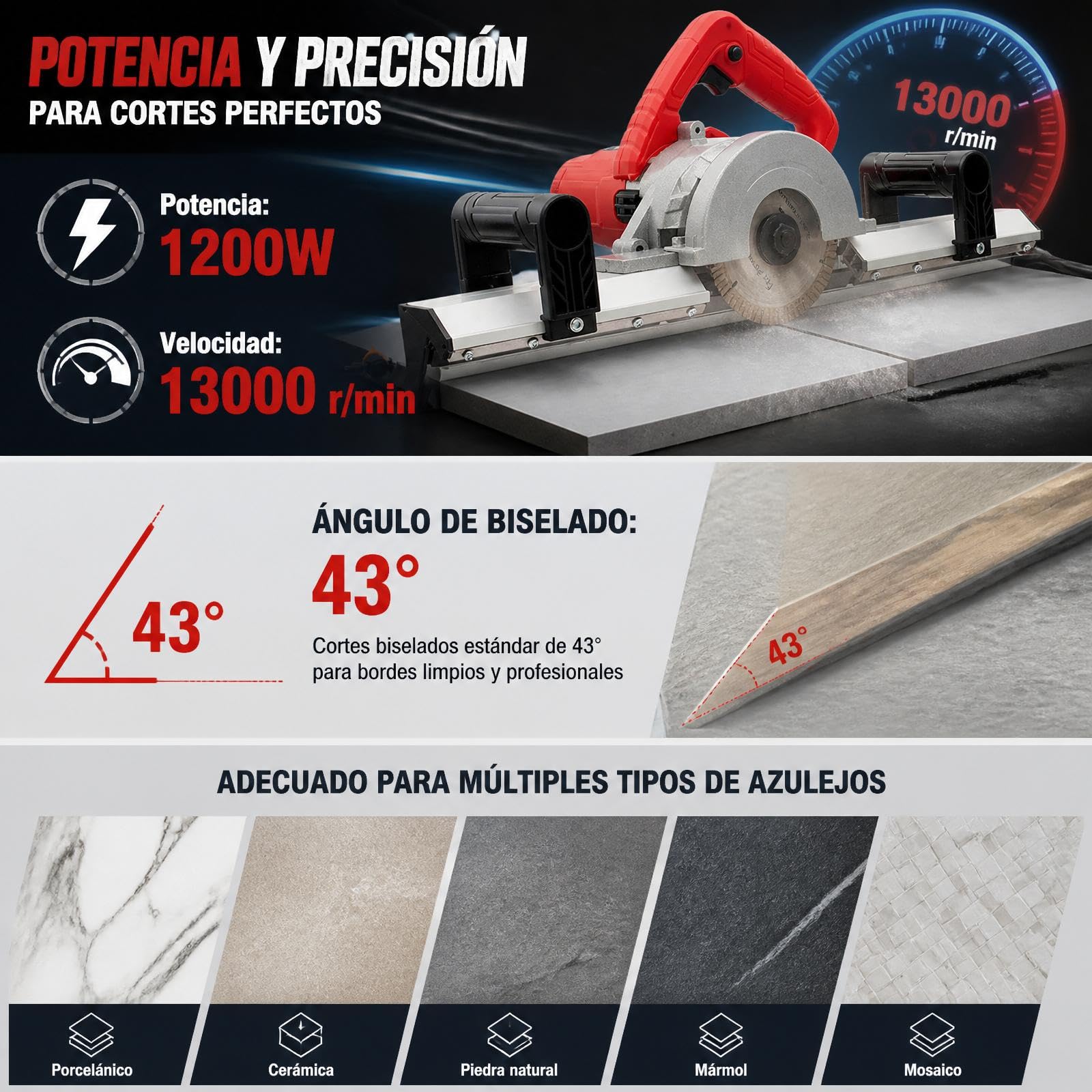 Cortador de azulejos de 1200 W, cortador de azulejos eléctrico, biselado estándar de 43 grados, 13000 r/min, 3,8 m de largo tubo de agua para una amplia gama de azulejos y es una herramienta