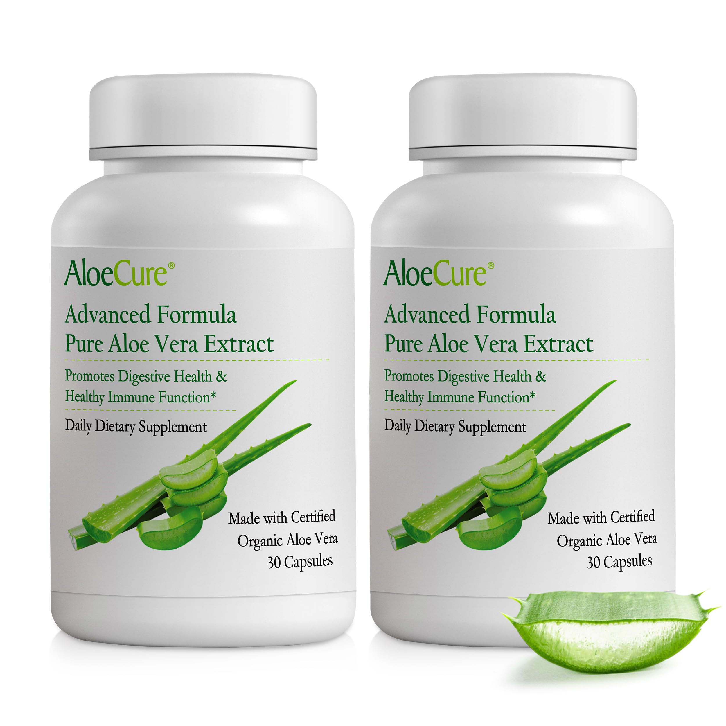 AloeCure Organic Aloe Vera Capsules, 160,000mg Inner Aloe Leaf Equivalent per Serving, Support Gut, Digestive, & Immune Health, Helps Maintain Balanced Stomach Acidity, Aloin Free, 30Caps x 2Btl