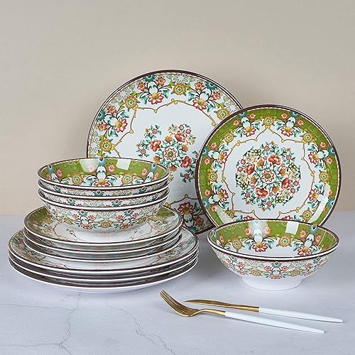 Miniatura 8 de Juego de vajilla de melamina para 4-16 piezas, juego de platos de campamento con platos llanos, platos de ensalada, cuencos y tazas. Ligero e