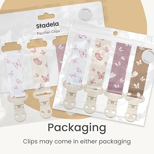 Miniatura 6 de Stadela Baby Pacifier Clip Holder - Girl or Boy Unisex 4 Pack Gift Set – Blush Pink and Beige Butterflies (Anabella)