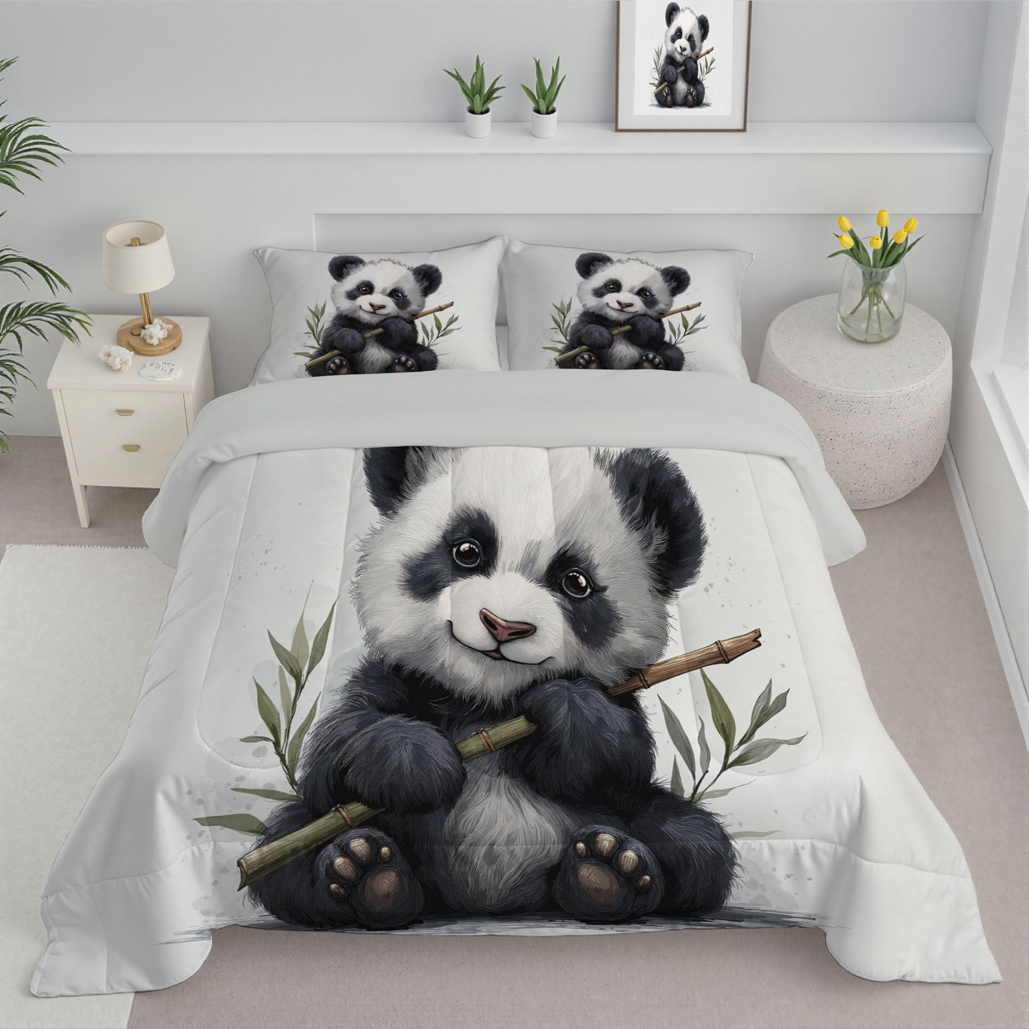 Trapunta Letto Singolo 4 Stagioni Piumone per Bambini, Cartone Animato Panda Bambù Leggero Carini Animali Set di Biancheria da Letto 140x200cm con 1 Federe,Piumino Lavabile In Lavatrice