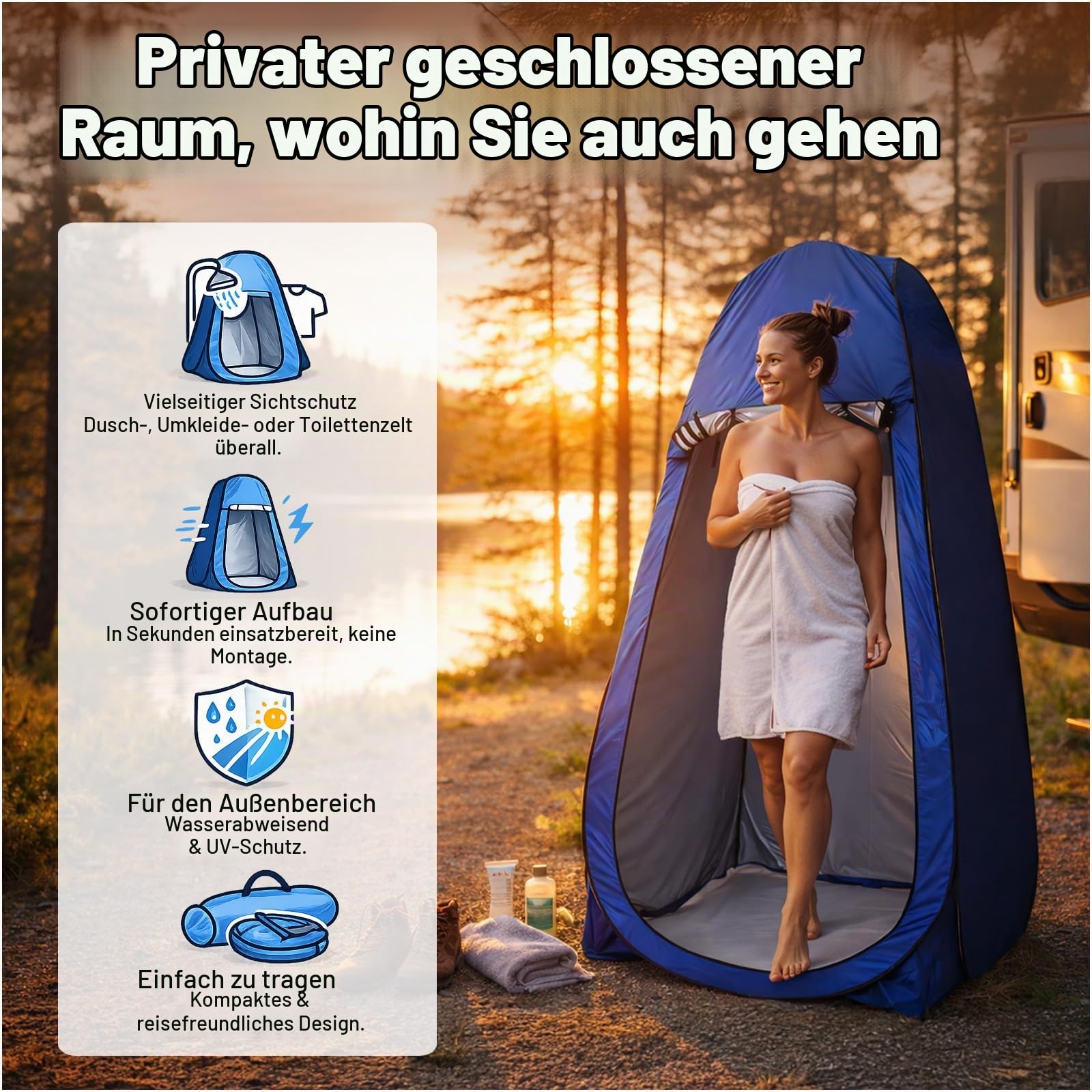 Pop-Up Duschzelt 1 Person – Camping Toilettenzelt & Umkleidekabine mit Tragetasche – Leicht & Tragbar – Inkl. 4 Heringen, 4 Abspannleinen – 190x120 cm – Für Camping, Strand & Outdoor – Von Campingwise