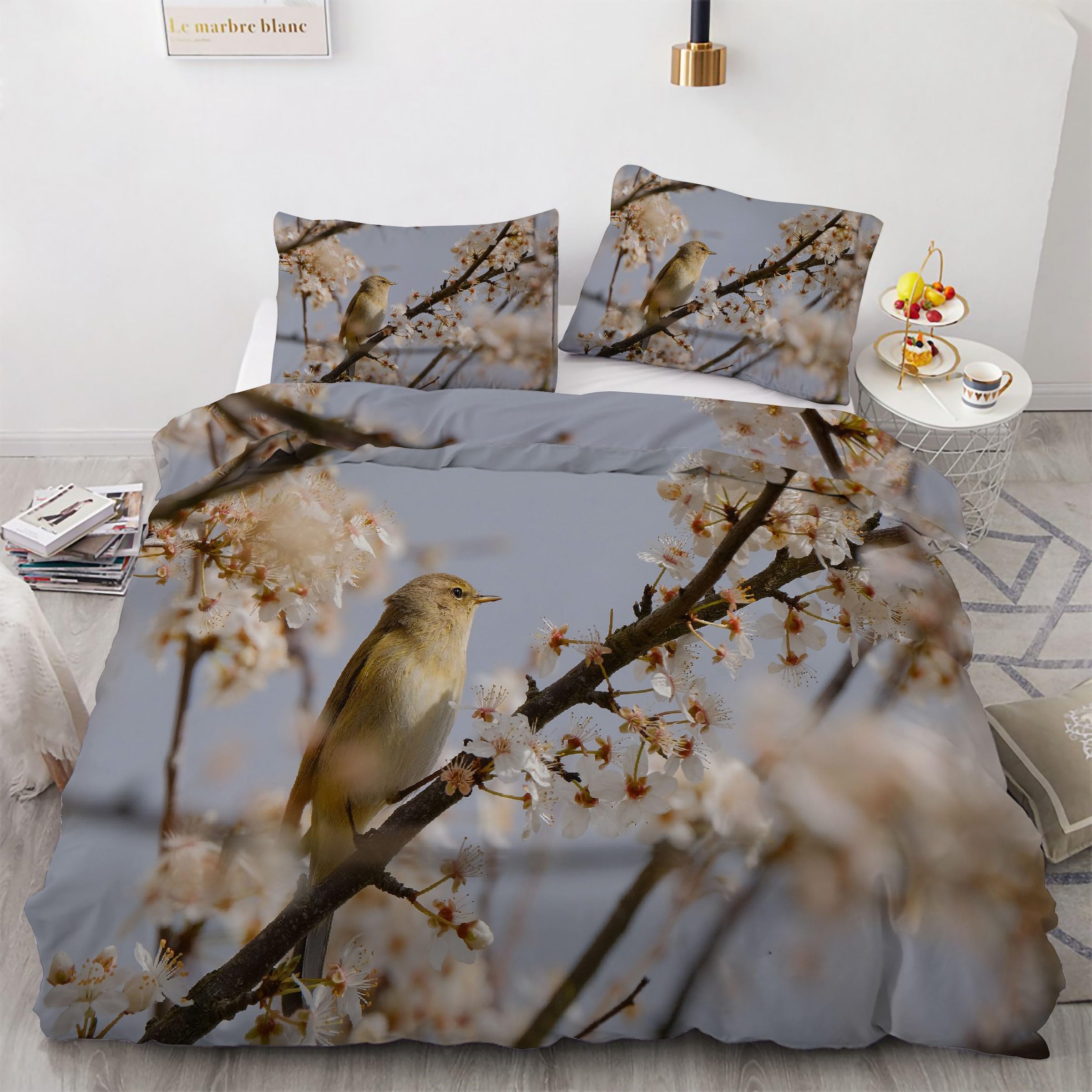 Parure de lit 90x190 oiseau avec housse de couette en microfibre et 2 taies d'oreiller