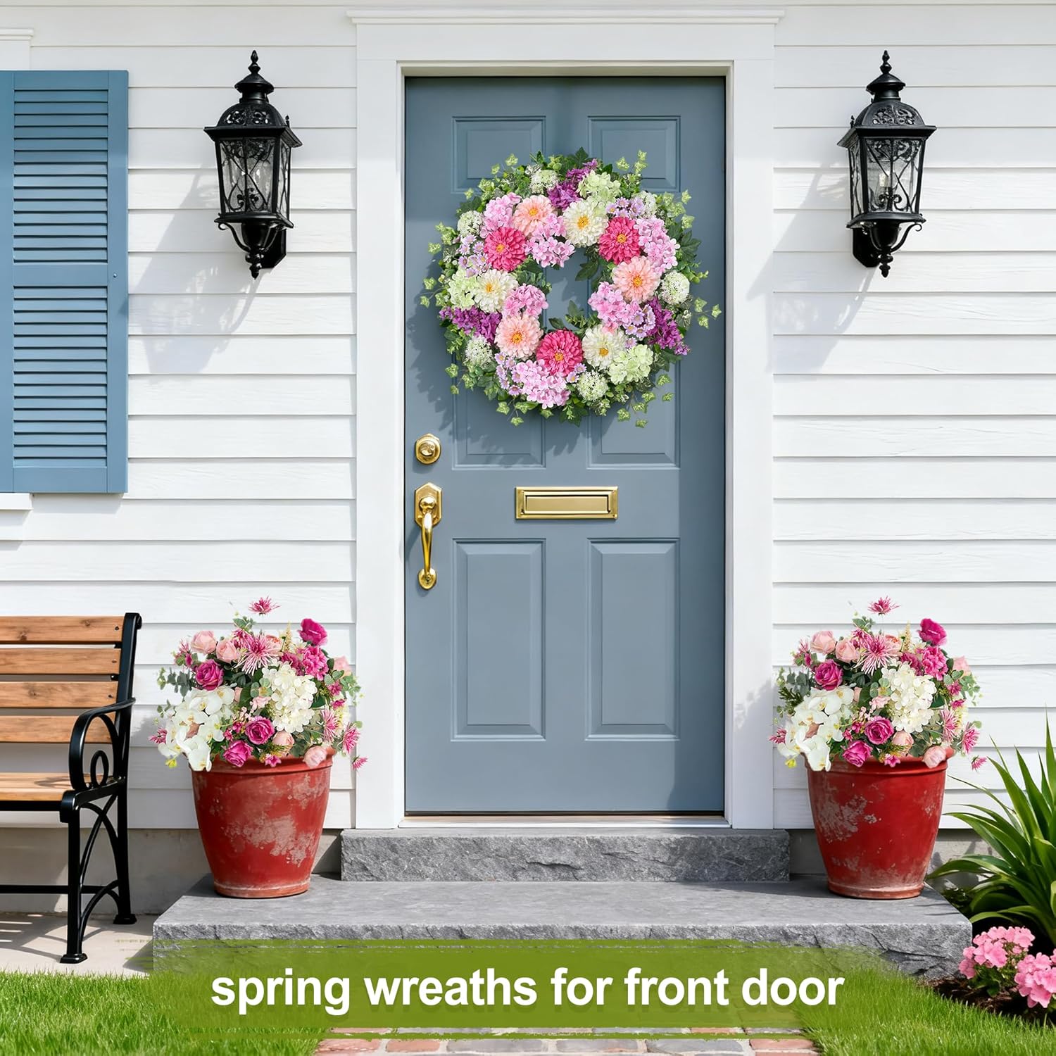 24 Inch Dahlia & Hydrangea Wreath Artificial Spring Wreath for Front Door Floral Wreat with Hyacinth Daisy Eucalyptus Ivy Indoor Outdoor Farmhouse Home Decor for Valentine’s Day Easter Summer