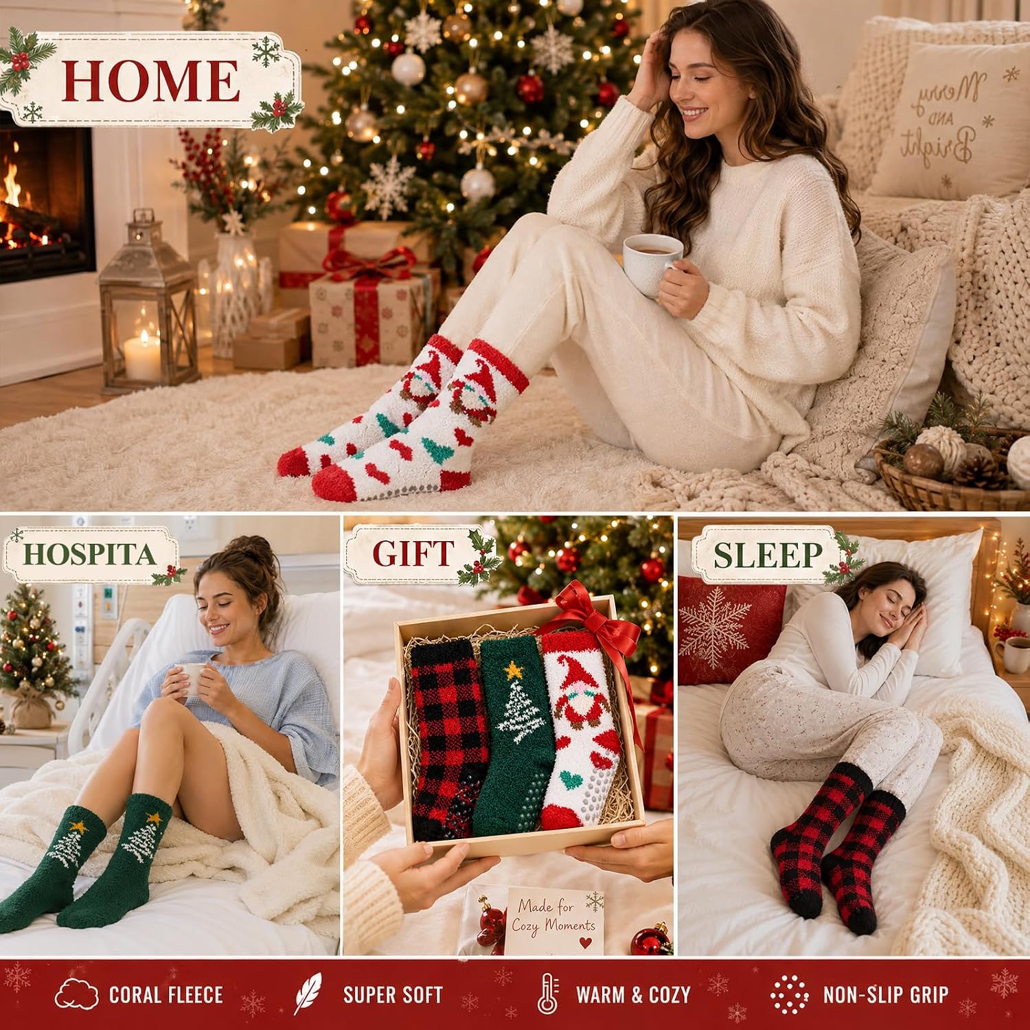 Fuzzy Socks for Women with Grips 3 Pairs Slipper Socks Warm Gifts