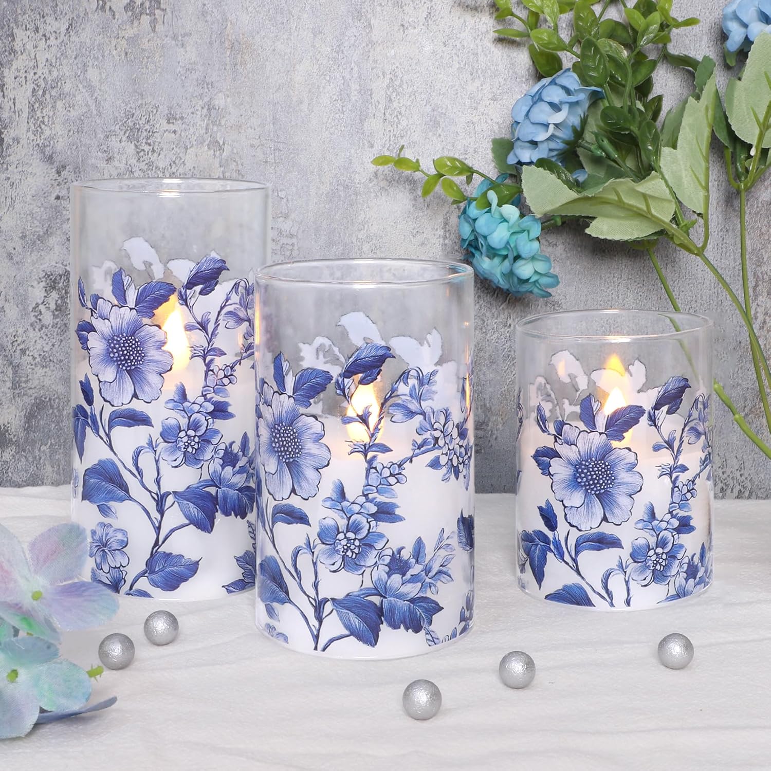 Impress Life Chinoiserie Decor Flameless Candles Blue and White Battery Operated with Remote & Timer Blue White Floral Printed Glass Flickering LED Pillar Candle for Wedding Party Home Table Decor