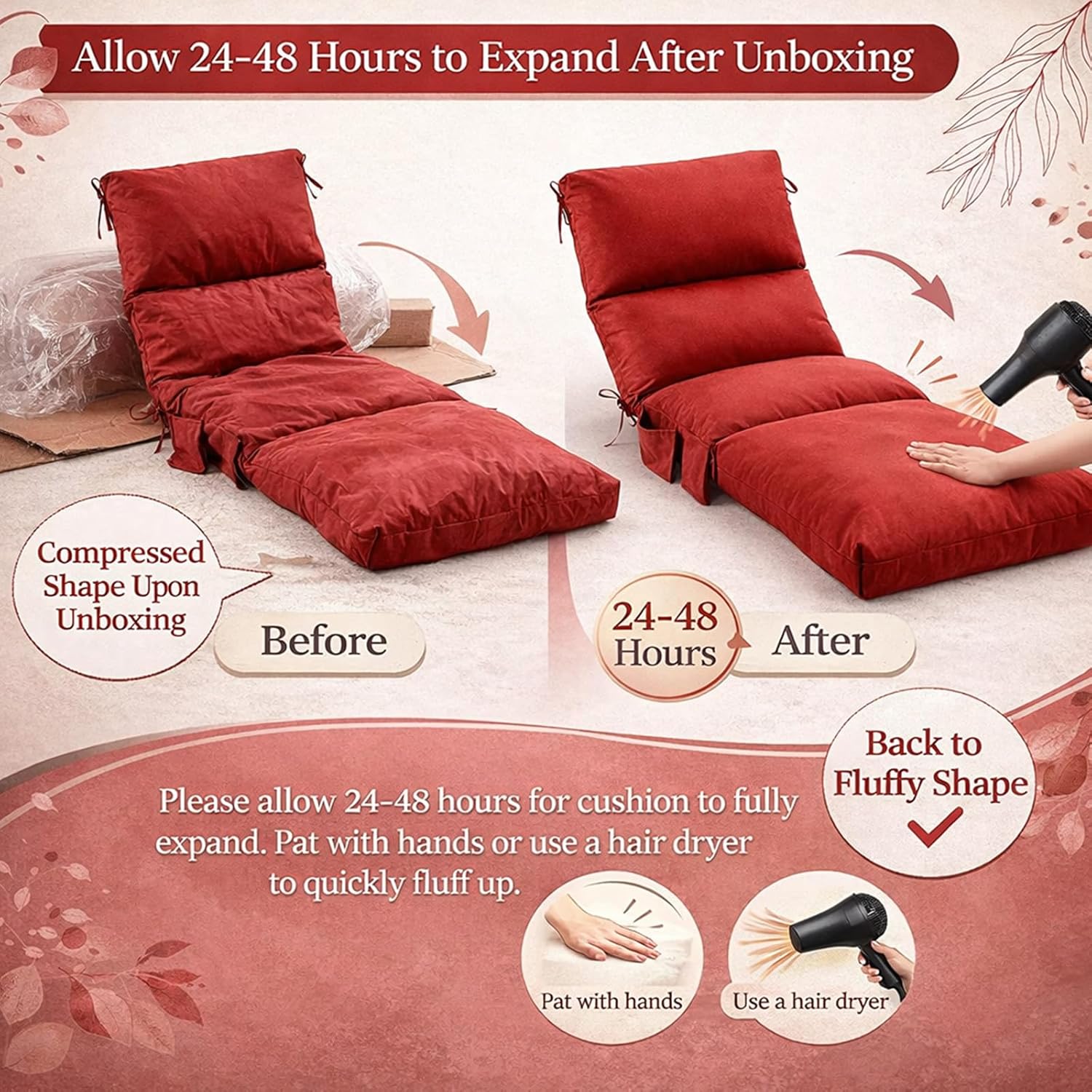 Kigley 2 Pcs Chaise Lounge Cushions, 78 x 22 x 4.7 Inch Outdoor Lounge Chair Cushions with Pocket, Thick Tufted Patio Recliner Replacement with Ties, Fade Resistant for Pool Furniture (Red)
