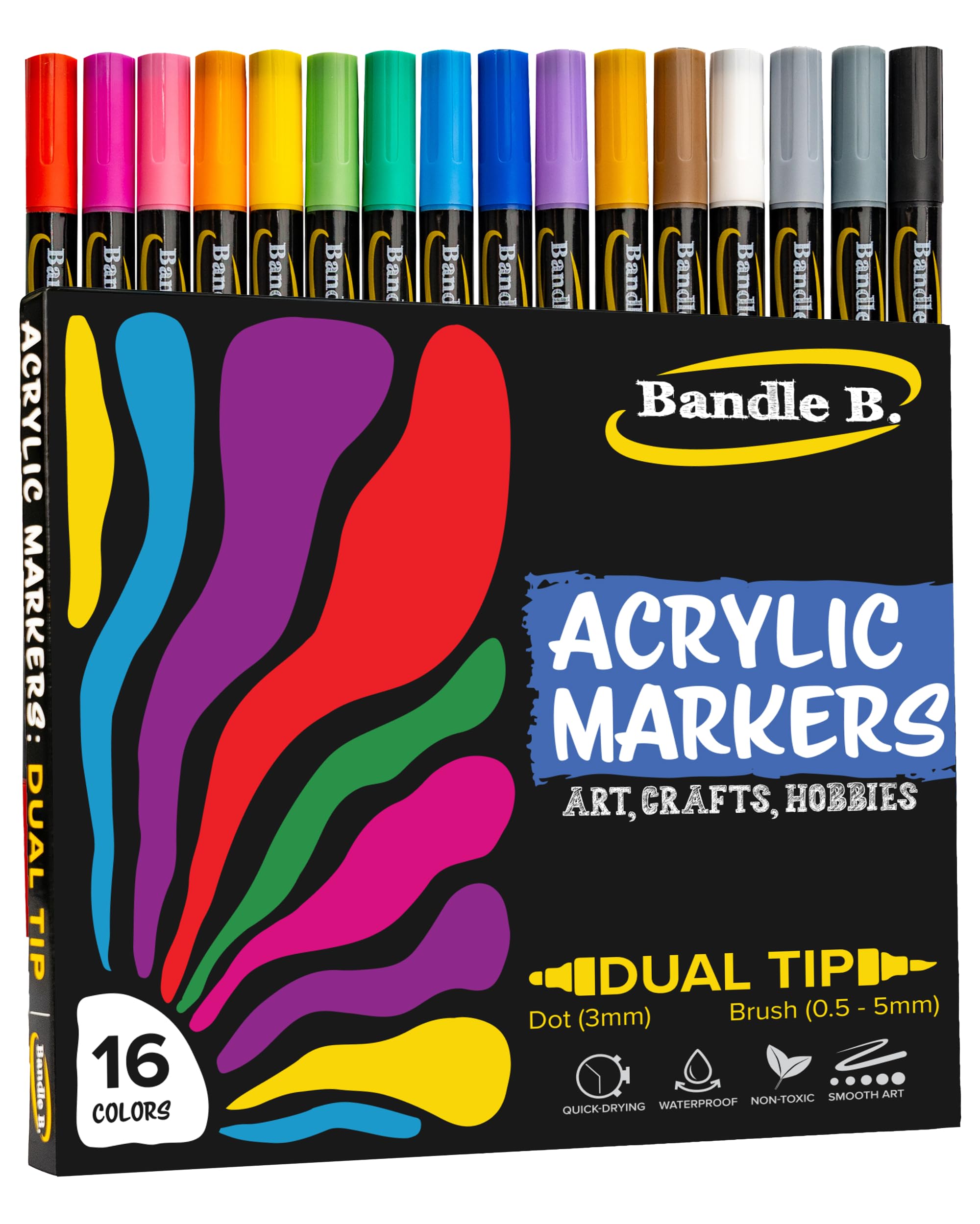 Bandle B. Acrylic Paint Markers – Set of 16 Dual Tip Paint Pens with Dot and Brush Tip for Art, Rock Painting, Coloring, Journaling, Wood, Glass, Canvas and DIY Crafts