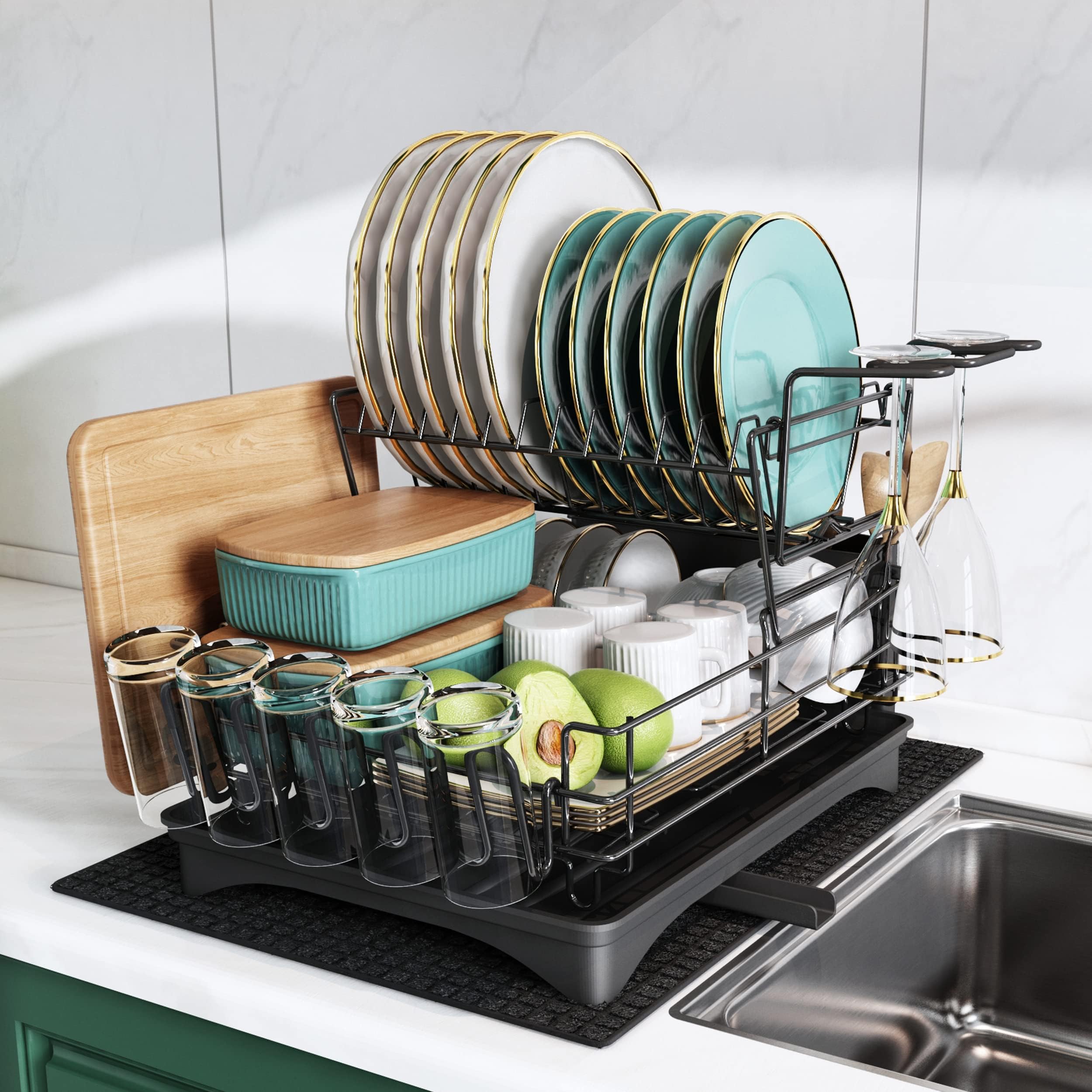 MAJALiS Dish Drying Rack for Kitchen Counter, Stainless Steel Large Dish Drainers Strainer with Drainboard Set for Sink, 2 Tier with Utensil Holder, Cups Holder,Extra Drying Mat, Black