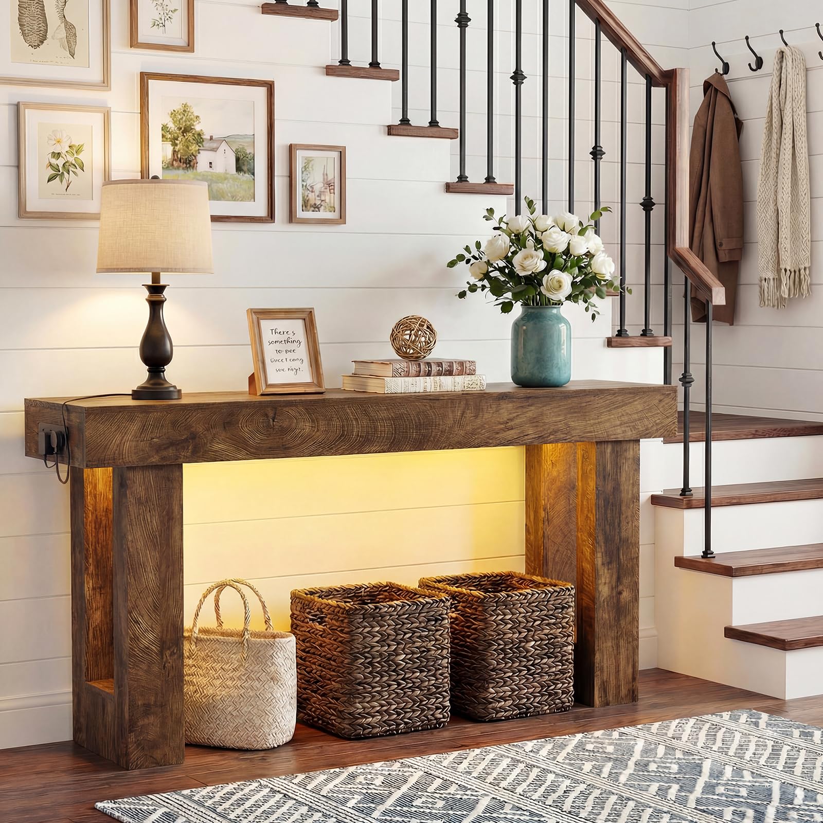 iSunirm Mesa Consola con Enchufes, 120x35x85 cm Consola Recibidor Estrecha con 2 Enchufes, 2 USB y Luz con Sensor, Pasillo, Salón, Detrás del Sofá, Roble Rústico
