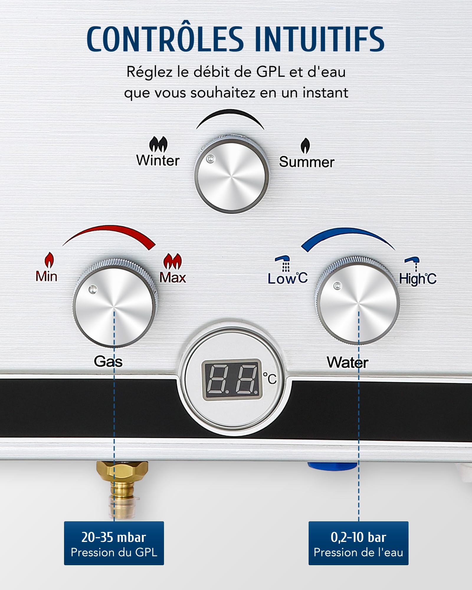 VONLUCE Chauffe-Eau Gaz Instantané 8L/min 13,6kW GPL - Portable pour Camping/Caravane, Modes Hiver/Été, Température Réglable 27-68°C, Certifié CE (Butane/Propane)