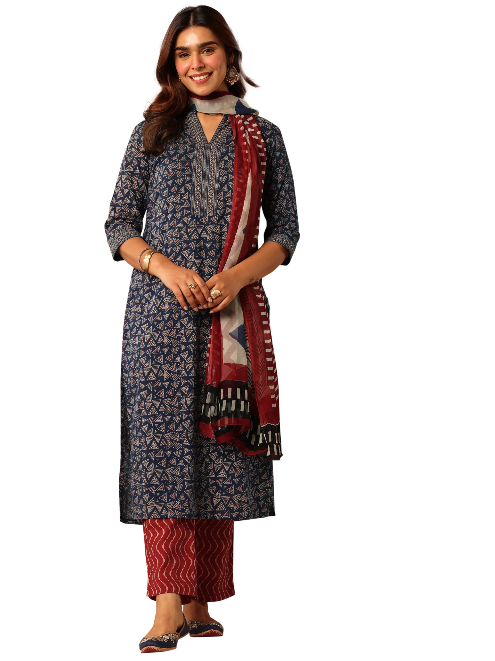 Printed Cotton Straight Kurta With Trousers and Dupatta-image-19