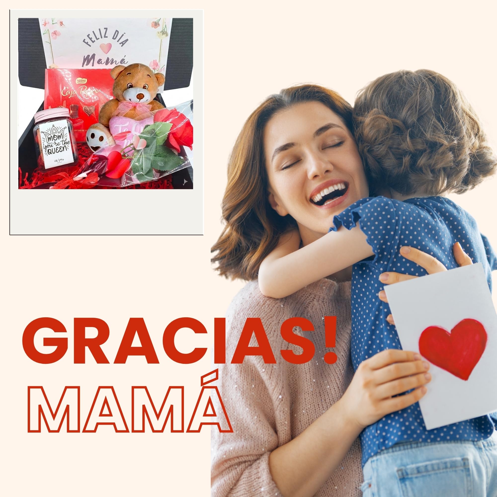 Pack Regalos Originales para Dia de la Madre | Cesta Dia de la madre con Bandeja Bombones Caja Roja + Rosa + Peluche + Frasco de Chuches dia de la Madre | Regalo para Mamá con Bombones