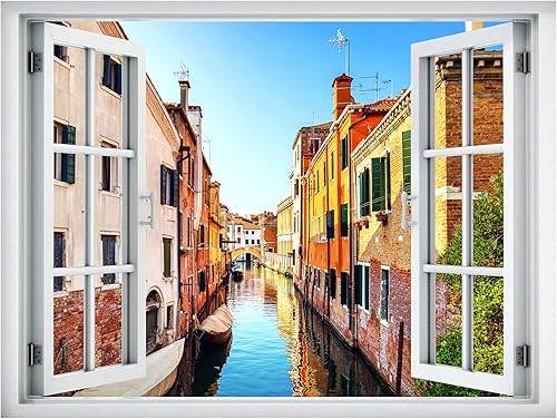 Miniatura 2 de wall26 Adhesivo de pared extraíblemural de pared Vista de ventana escénica neón colorido Venecia Italia Canal Naturaleza Silvestre Fotografía