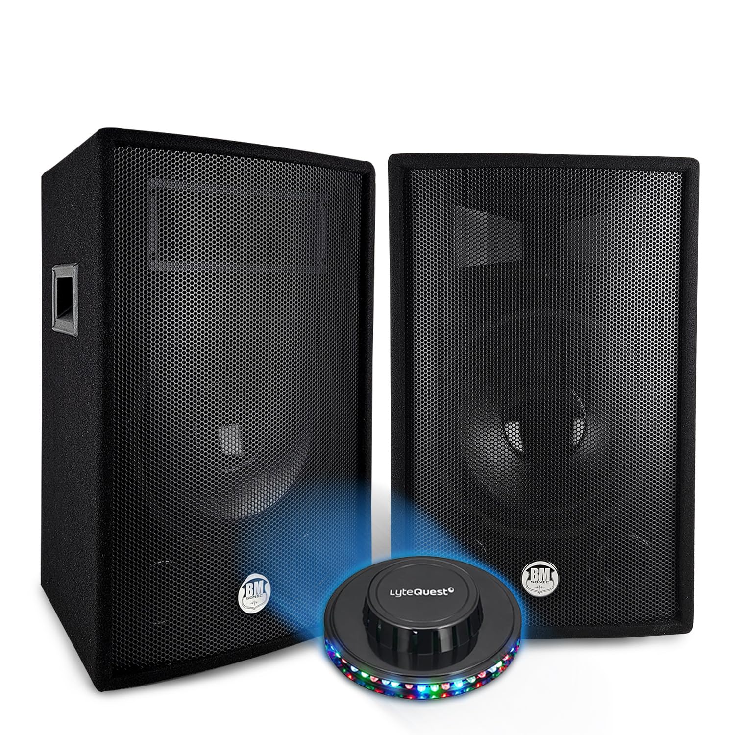 Paire d'enceintes Passives BM Bmsonic BMS12-2 x600W Peak, 1200W Max. -Sono Bass Reflex Trapézoïdal 2 Voies 12"/30cm, Lumière LED