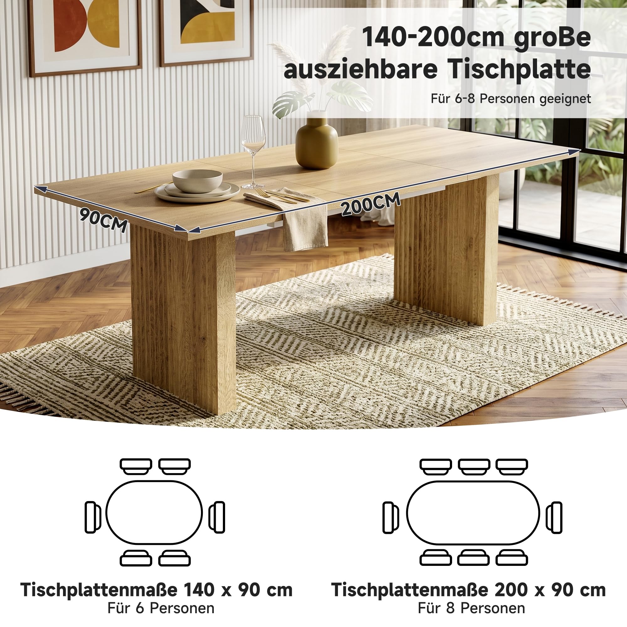 Rozsuwany stół do jadalni 140-200 x 90 cm, dąb, prostokątny stół kuchenny dla 6-8 osób, płyta MDF o grubości 3 cm, synchronicznie ruchome nogi, zajmuje mało miejsca stół do jadalni z lamelkami