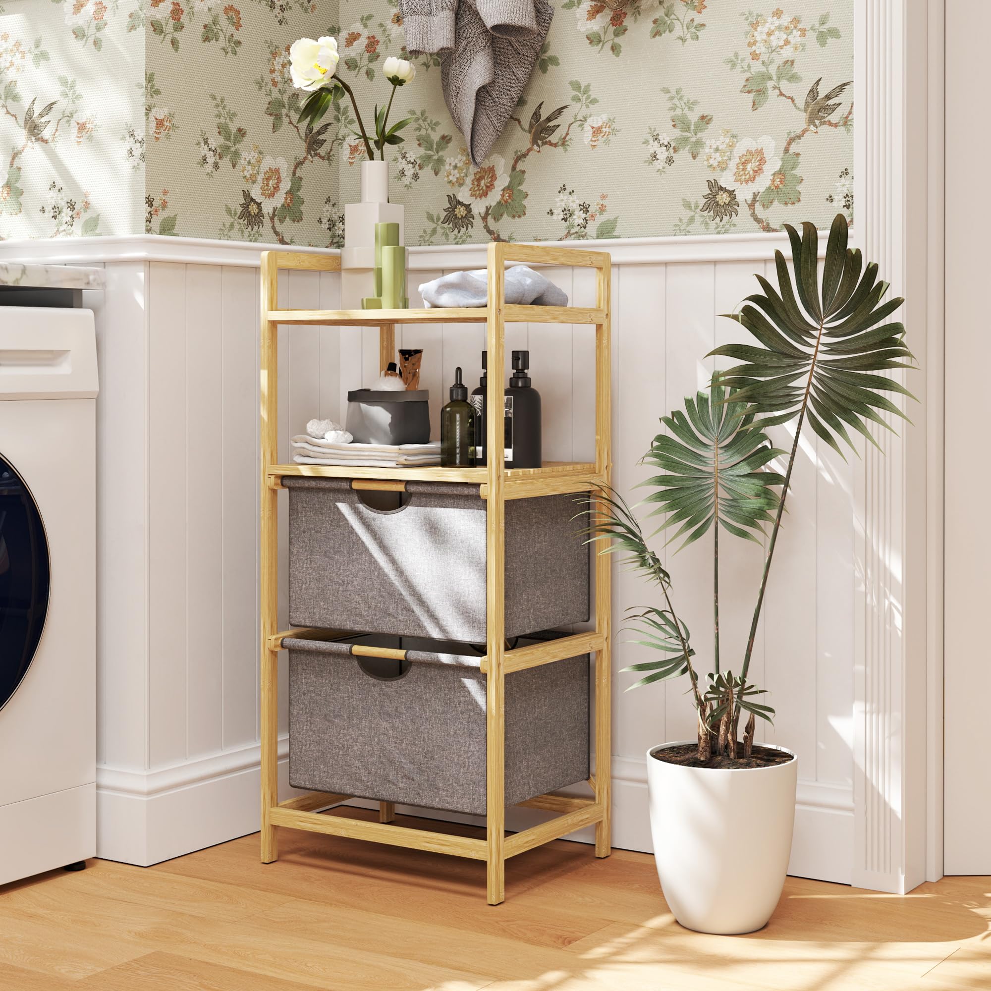 HOMCOM Cesta de ropa 35,4 L con 2 cestas de tela, con asa, Natural | Cesto para ropa, estantes abiertos, caja de ropa, para baño, bambú.