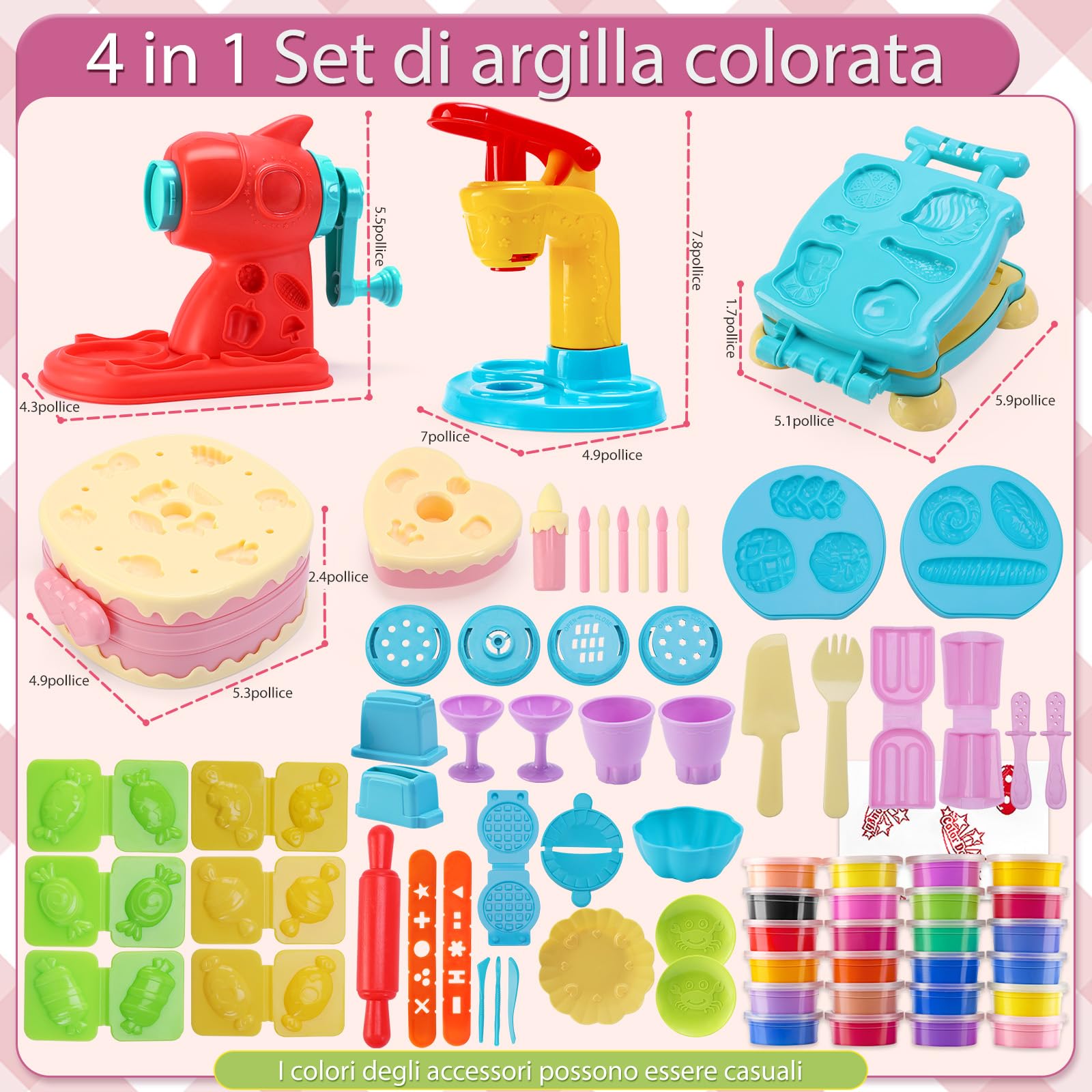 VBACALA Set Plastilina per Bambini 4 in 1-73 Pezzi,Kit Creativo con Accessori per Modellare Gelatiera, Hamburger, Torta e 24 Lattine di Argilla, Feste e Compleanni per Bambini 3+ Anni