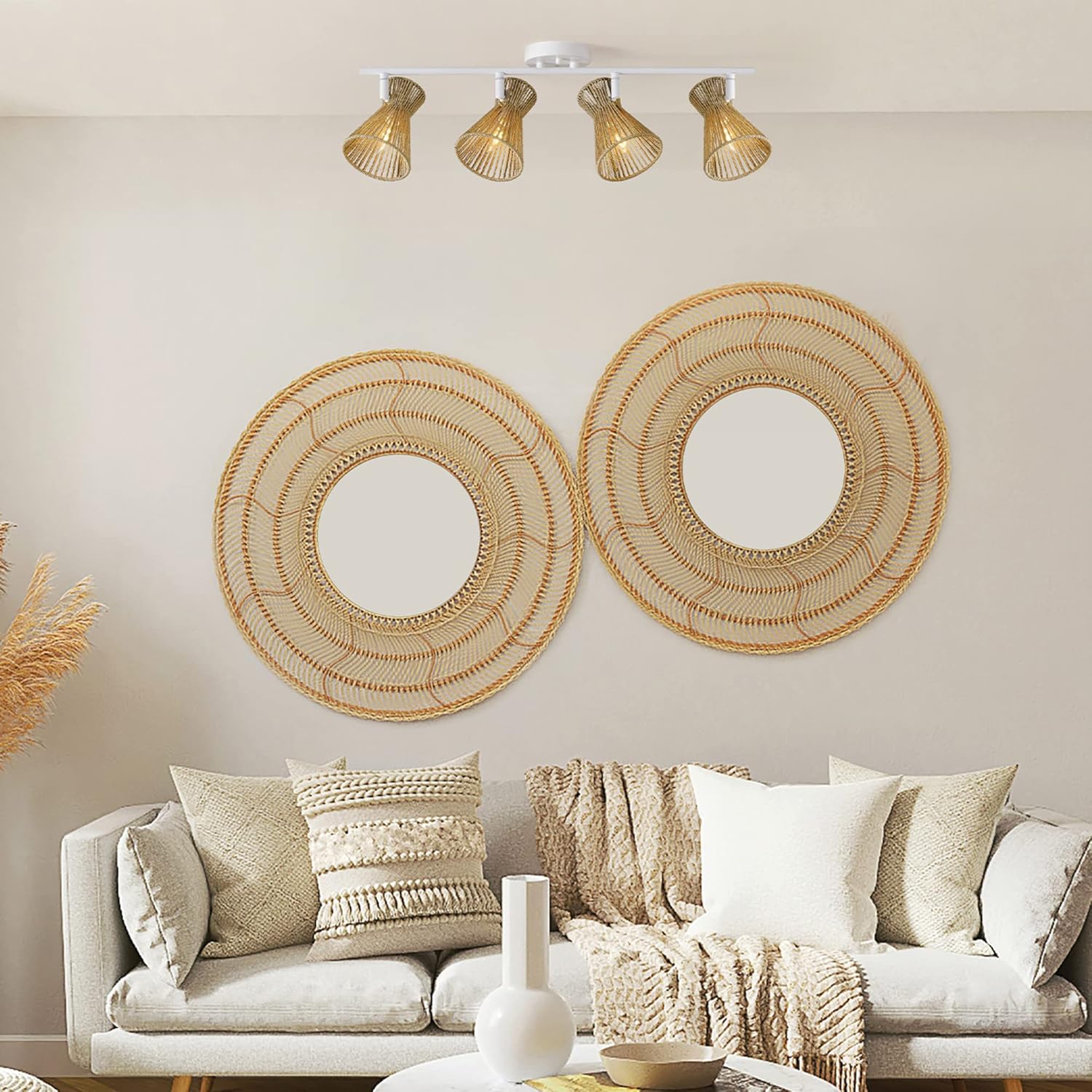 Globe Electric 64000050 28" 4-Light Track Lighting, Matte White, Natural Twine Shades, Ceiling Light, Pivot Shade, Kitchen Lights, 4 Bulb Track-Light
