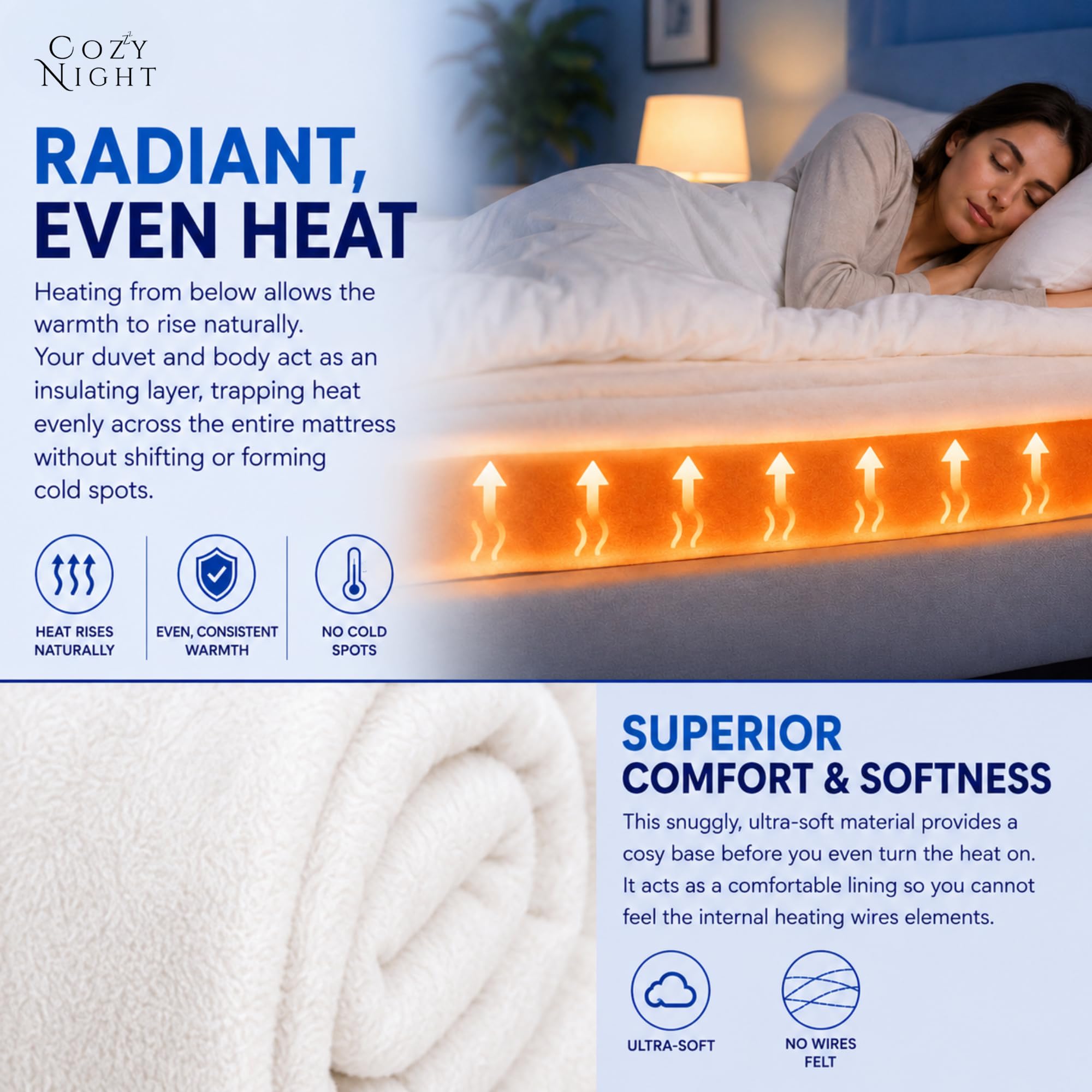 Cozy Night Coperta elettrica doppia, dimensioni 140 x 192 cm, morbido coprimaterasso con angoli, cinghie angolari a montaggio rapido, 3 impostazioni di calore, doppio controllo 70 W e lavabile in