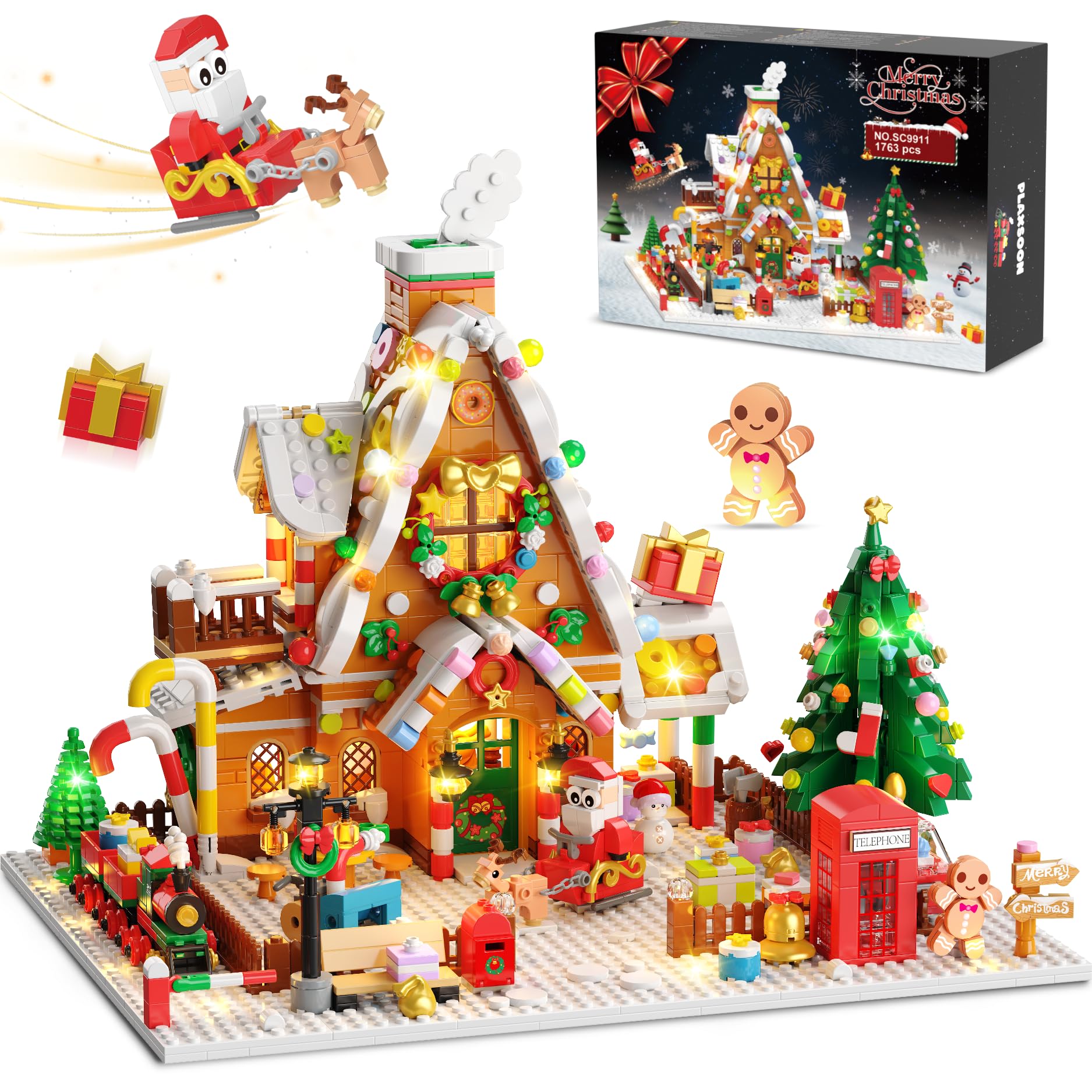 Plaxsoon - Casa de pan de jengibre navideño, juguete de construcción con luces, casa de Navidad, mini bloques de apriete - juguete con Papá Noel - Tren - 1763 piezas - Regalo para adultos, niños y