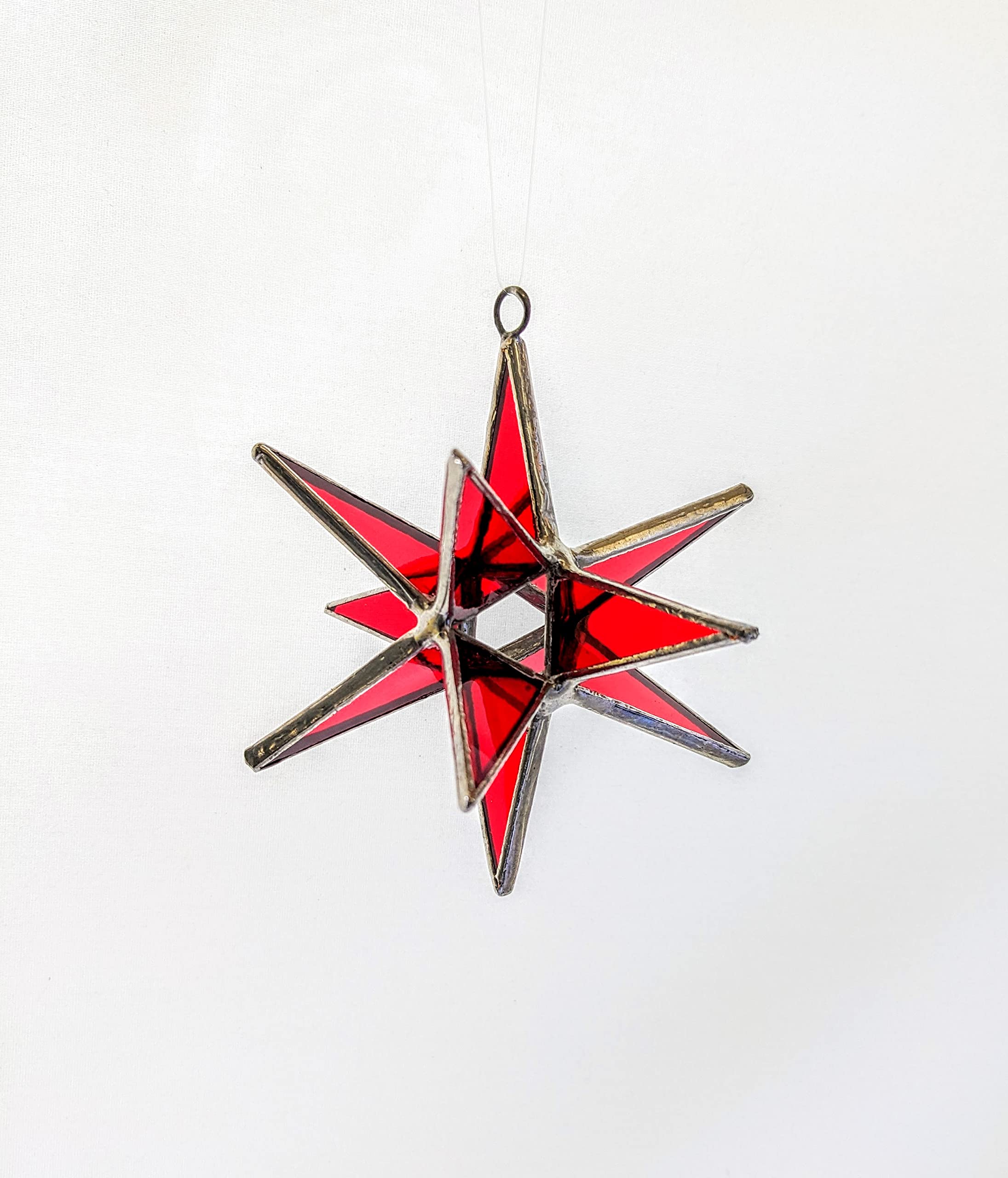 Ruby Red Moravian Star Stained Glass Ornament Handcrafted 3D Design for Window or Tree Decoration and Unique Gift Christmas Ornament