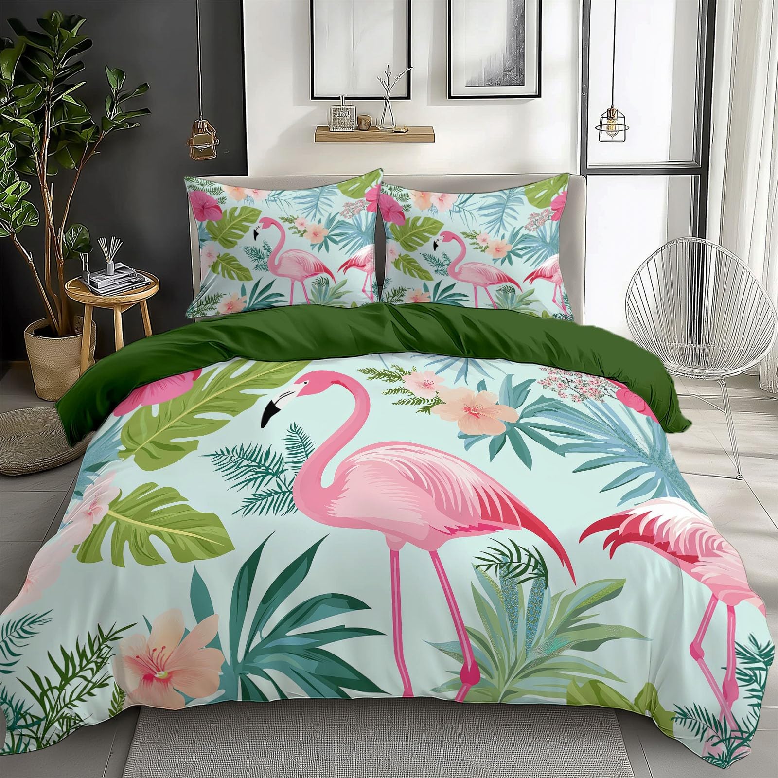 Housse de couette 240x260 motif floral flamant rose pour une ambiance de chambre tropicale