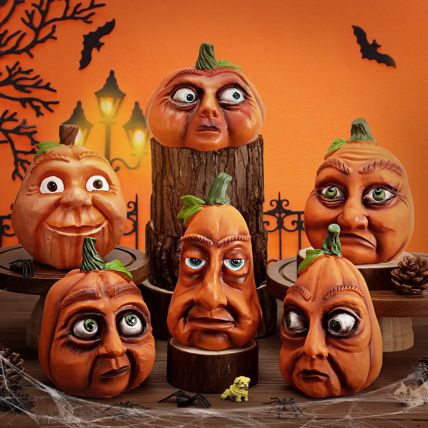 Geelin 6 Pcs Halloween Expressive Pumpkins Family Resin Fall Decorations Funny Smile Pumpkin Head Lantern Venue Props Gifts for Outdoor Indoor Garden Yard Table Top Decor Bar Party Decoration