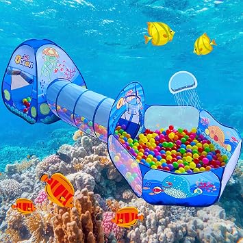 Kids Tent, Set of 3 Childrens Tent, Ball Pool with Tunnel, Basket Net, Foldable, Birthday, Baby Shower, Present, Secret Base, Toy Ocean World