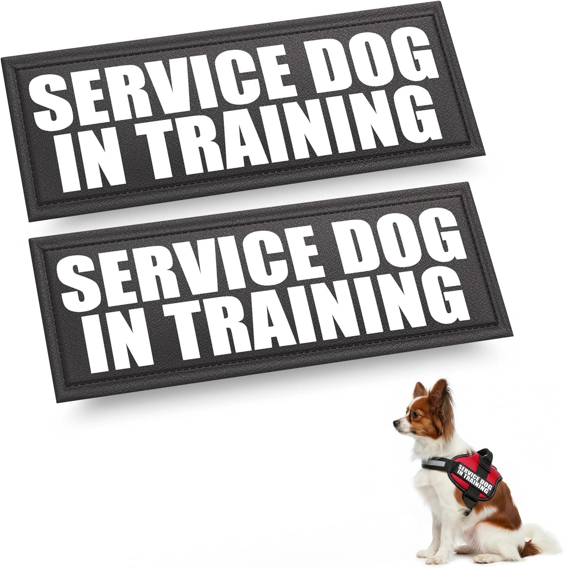 Industrial Puppy Service Dog in Trainign Patch- Attachable Patches with Hook Backing for Deaf Dog Harness or Vest, 2 Reflective Patches, Supplies, Weatherproof Polyester Durability XXS, Black