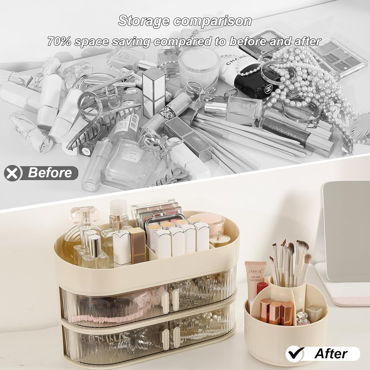 Fangoo Rotating Makeup Organizer for Vanity 3-Tier Large Capacity Countertop Storage with 4 Dust-Proof Drawers Brush Holder,Stackable Cosmetics Display Case Easily Hold Lipsticks, Jewelry, Brushes