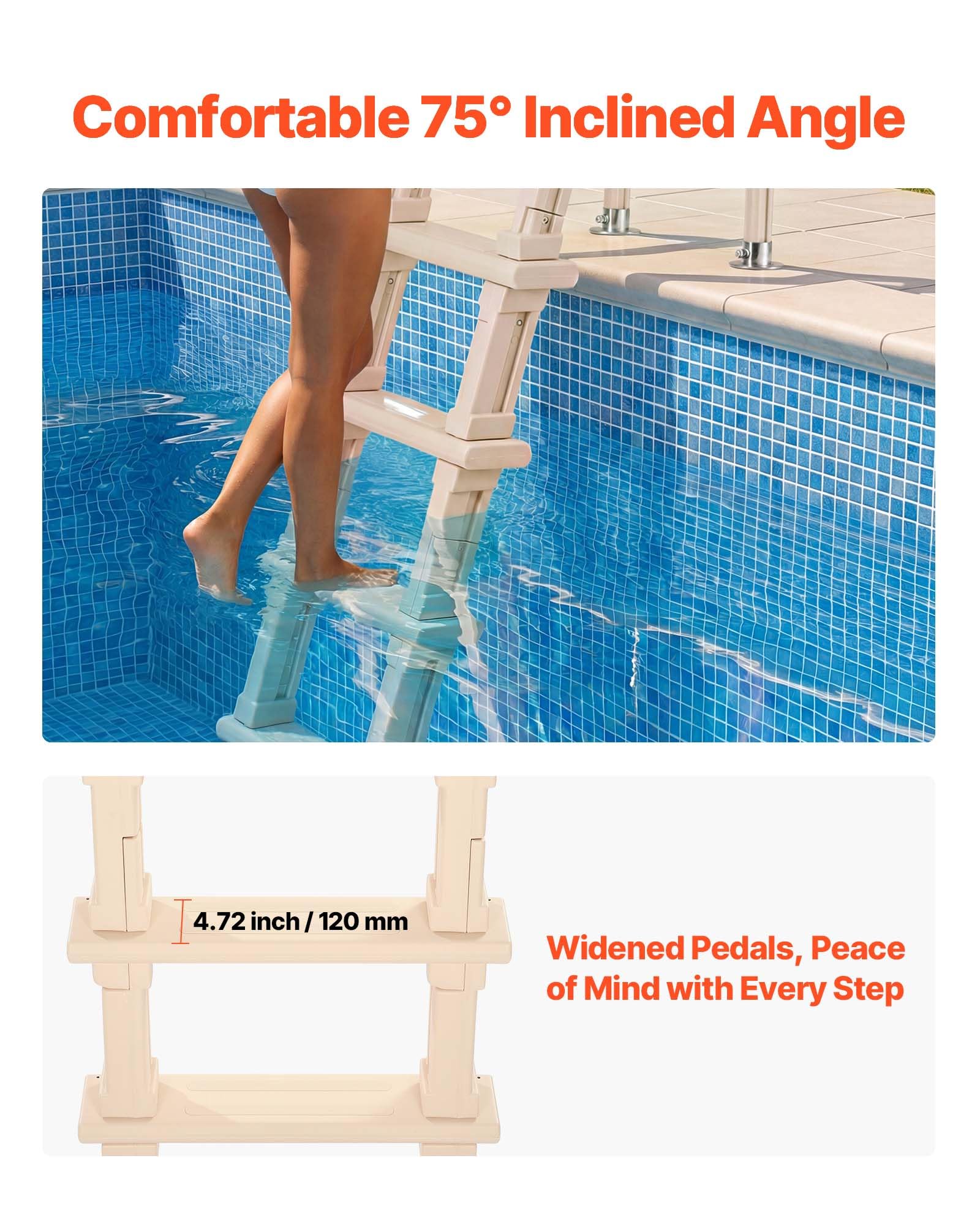 VEVOR Échelle de Piscine Enterrée 122-137 cm Échelle de Piscine PE avec 5 Marches pour Piscines Intérieur et Extérieur, Charge 136 kg, avec Double Rampe, Marches Larges Antidérapantes, Couleur Taupe