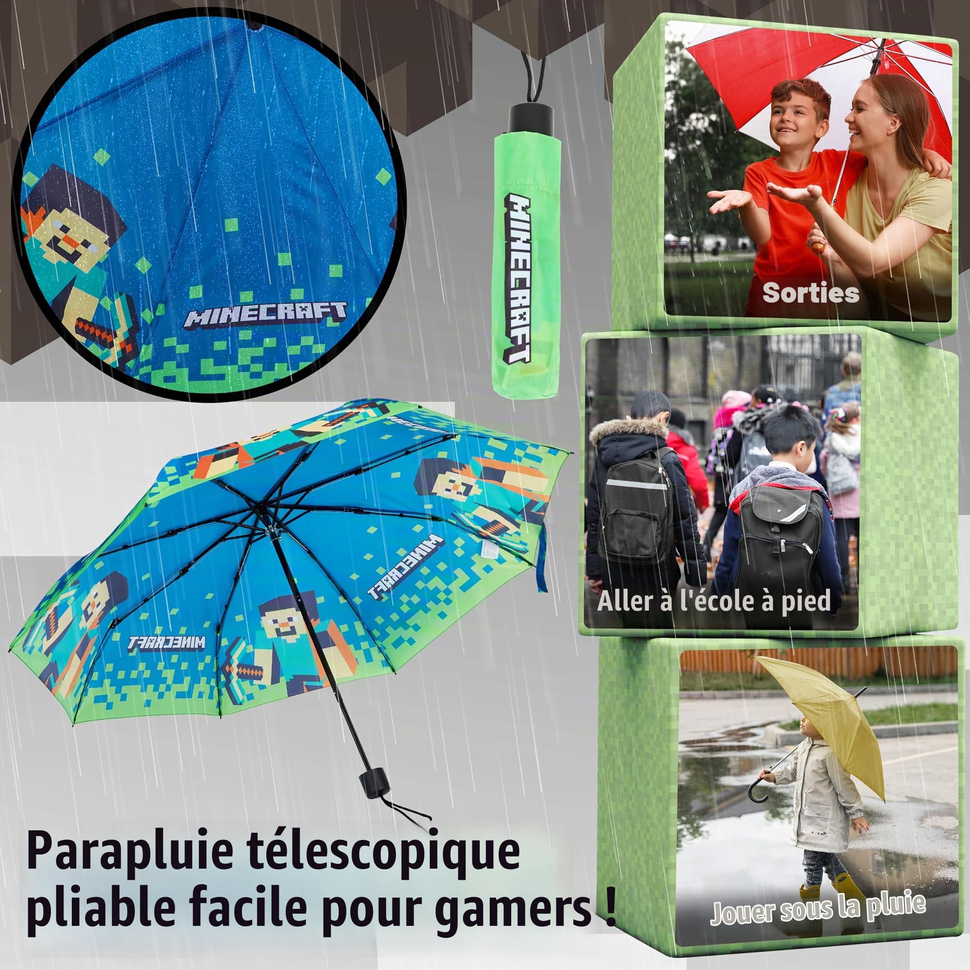 Minecraft Parapluie Pliant pour Enfant - Parapluie Télescopique Léger (Bleu/Vert)