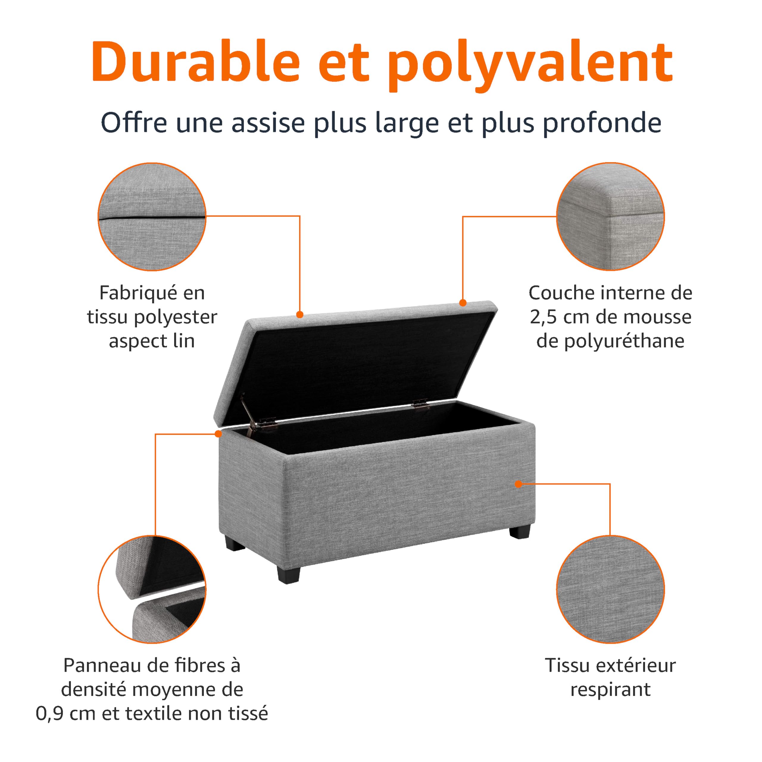 Amazon Basics Banc d'entrée, rembourré, rectangulaire, avec rangement, chambre à coucher, couloir, ottoman, aspect lin, gris clair, 42 x 91 x 43 cm