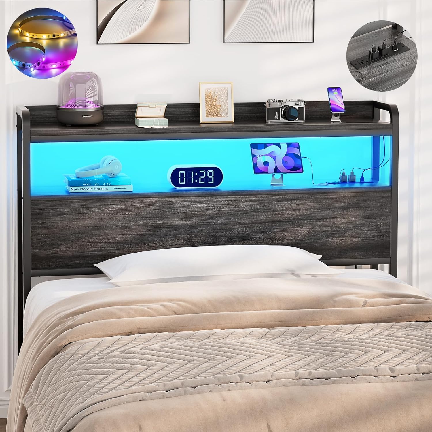 Aheaplus Headboard for Twin Size Bed Frame, Headboards with Outlets, USB Ports and LED Light, Head Board with Storage, Height Adjustable, Sturdy and Stable Headboard, Twin Size, Black Oak