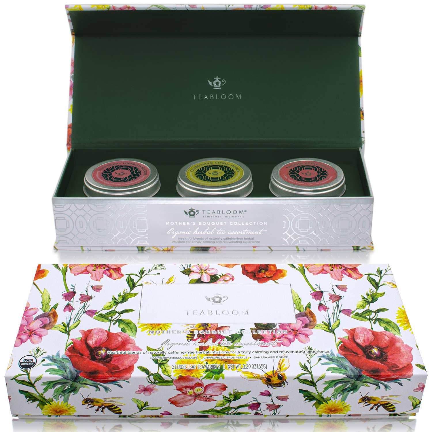 Teabloom USDA Certified Organic Loose Leaf Herbal Tea Trio Box - Raspberry Hibiscus Bloom, Chamomile Citrus Petals, and Sahara Apple Spice - Caffeine-Free Mother's Bouquet Collection : Grocery & Gourmet Food