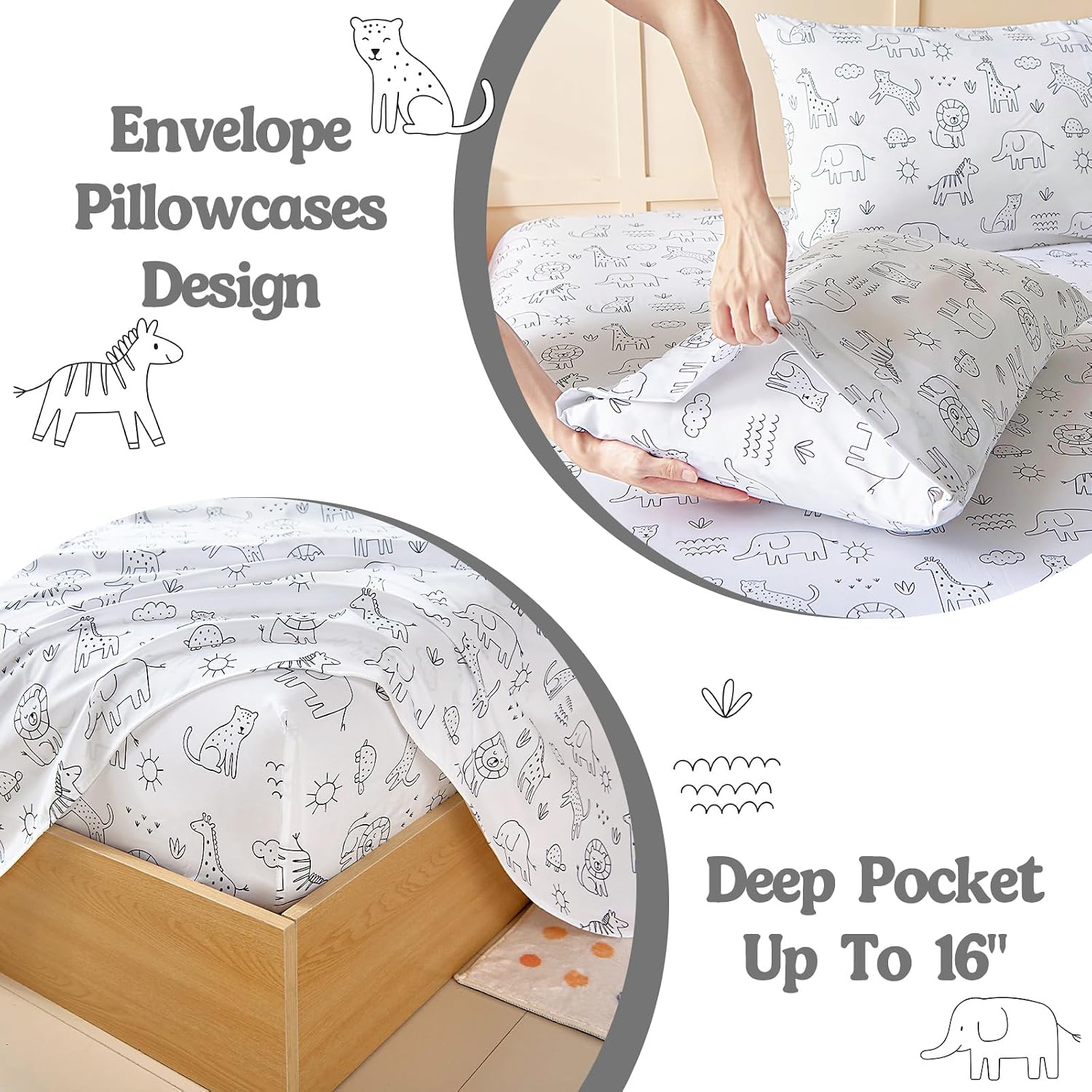 MCO Kids Full Size Bed Sheets, Soft Microfiber Full Size Sheets for Boy Girls, 4 Pieces Breathable Full Bed Sheet Zoo
